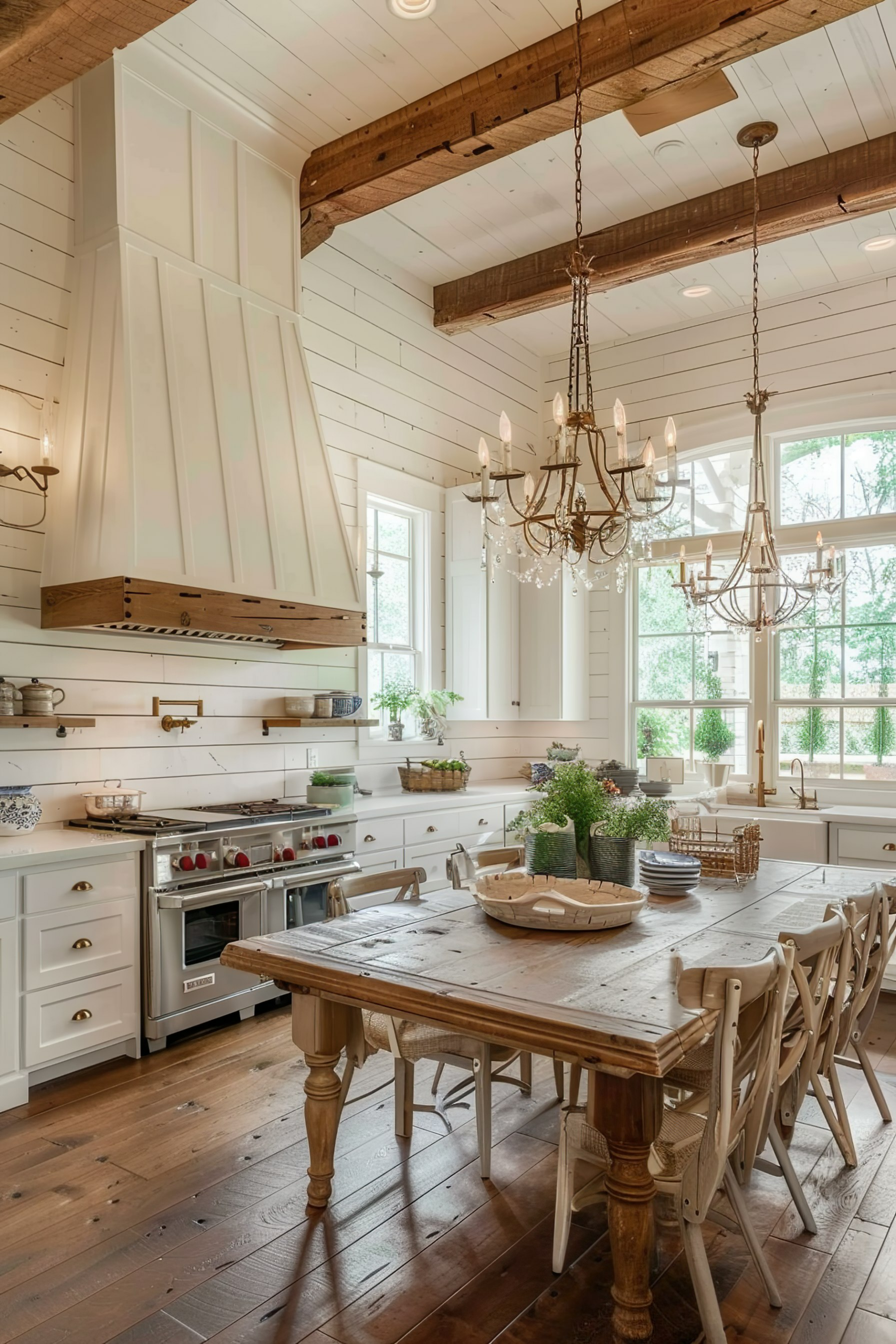 Rustic-style kitchen with white shiplap walls, exposed wood beams, two chandeliers, and a large wooden dining table.