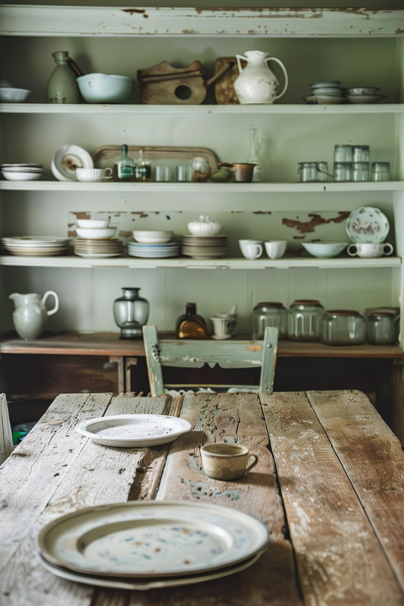 Rustic wooden dining table with ceramic plates and cup, against a backdrop of shelves with assorted vintage kitchenware.