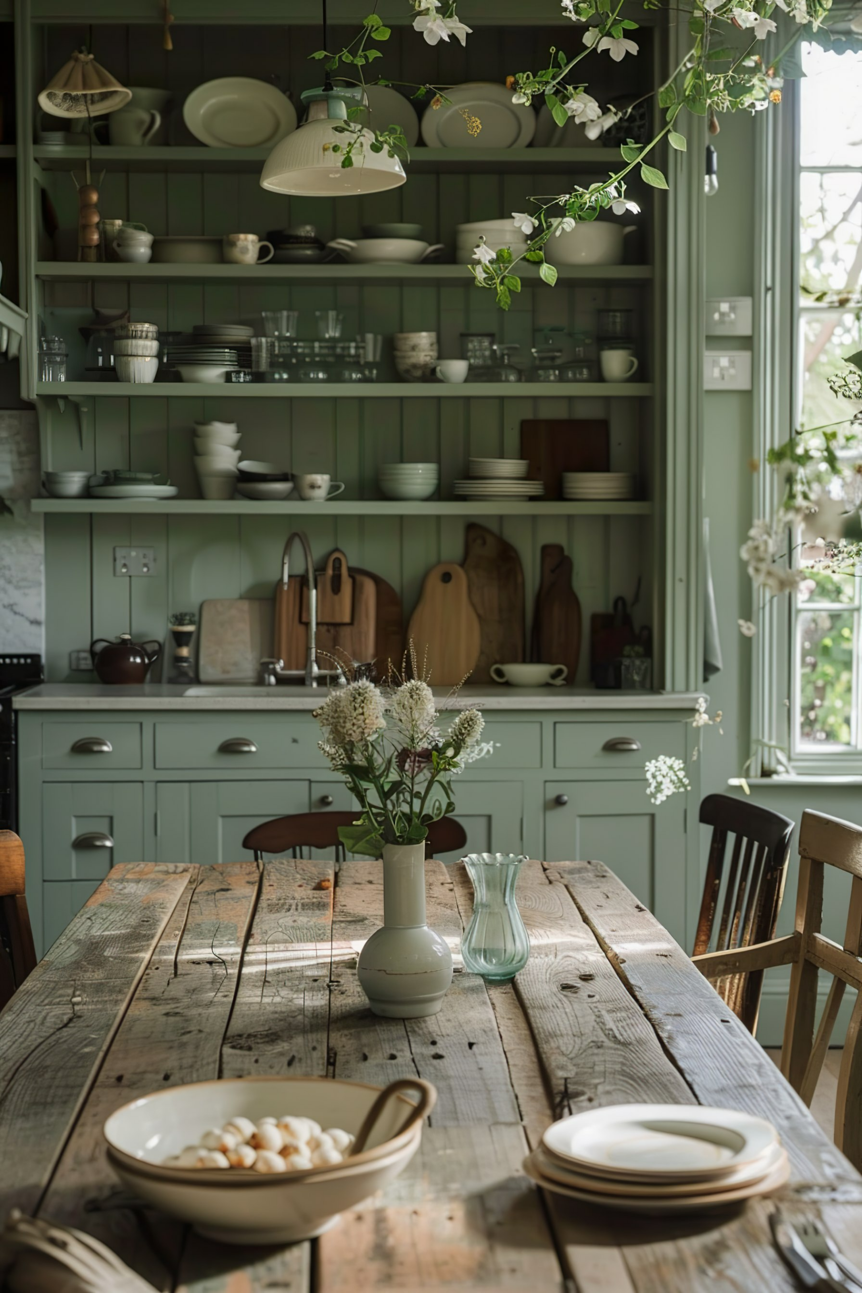 A cozy kitchen with open shelves filled with dishes, a wooden table set with plates, and a vase with white flowers.