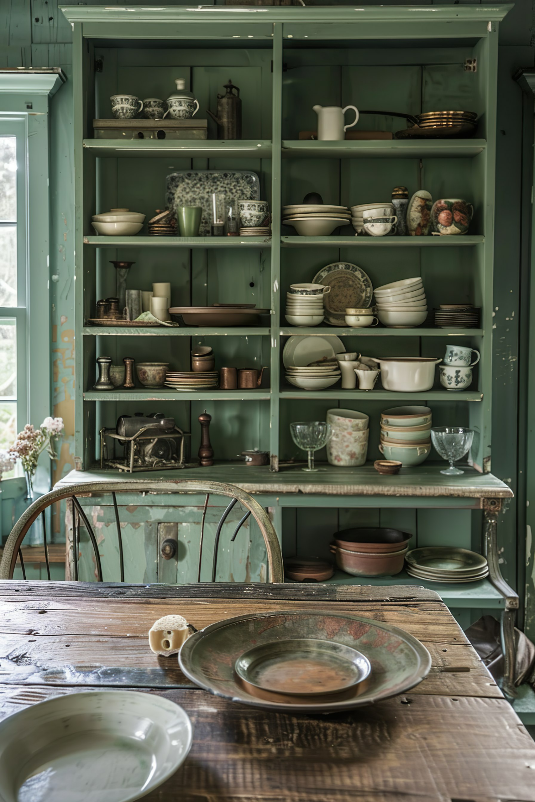 ALT: A rustic wooden table with dishes in front of a distressed green cupboard filled with various crockery and kitchen items.