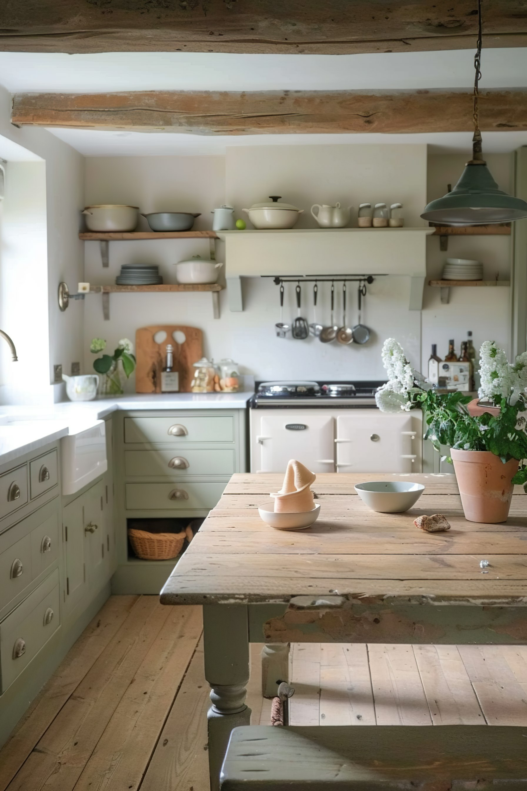 Rustic kitchen with wooden beams, open shelving with cookware, a vintage-style oven, and a wooden table with bowls and a plant.