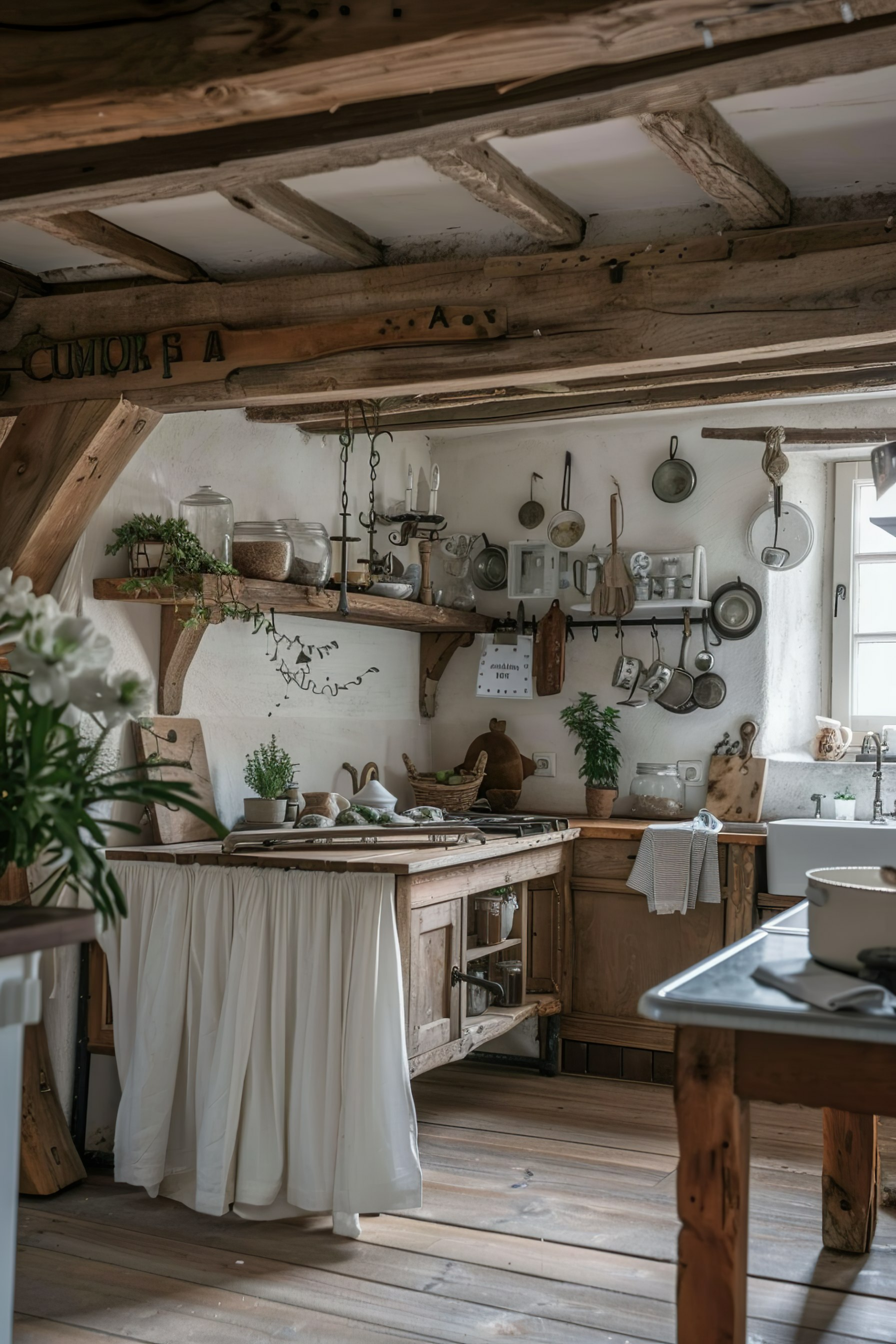 Rustic kitchen interior with wooden beams, vintage utensils hanging on walls, and a central island draped with white fabric.