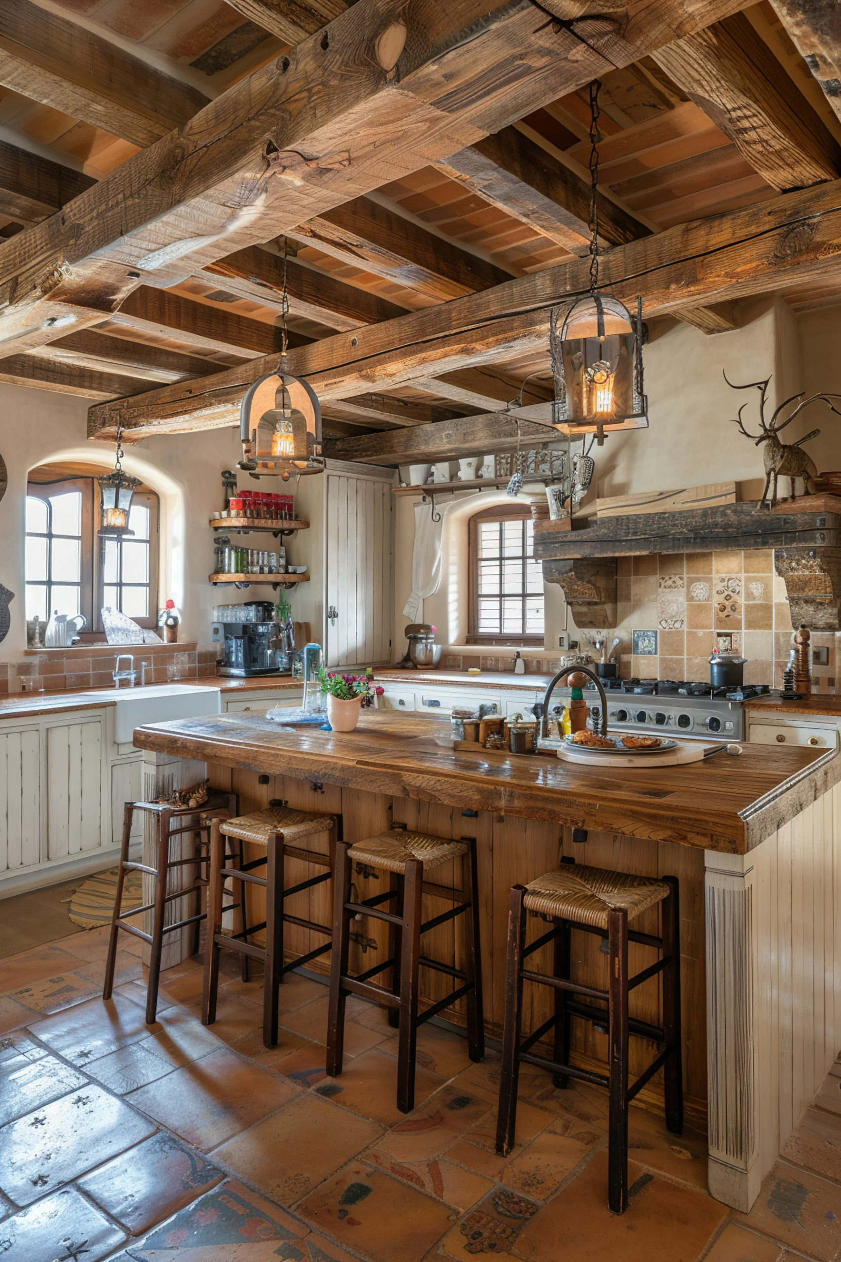 Rustic kitchen interior with exposed wooden beams, hanging lanterns, a central island with bar stools, and terracotta floor tiles.