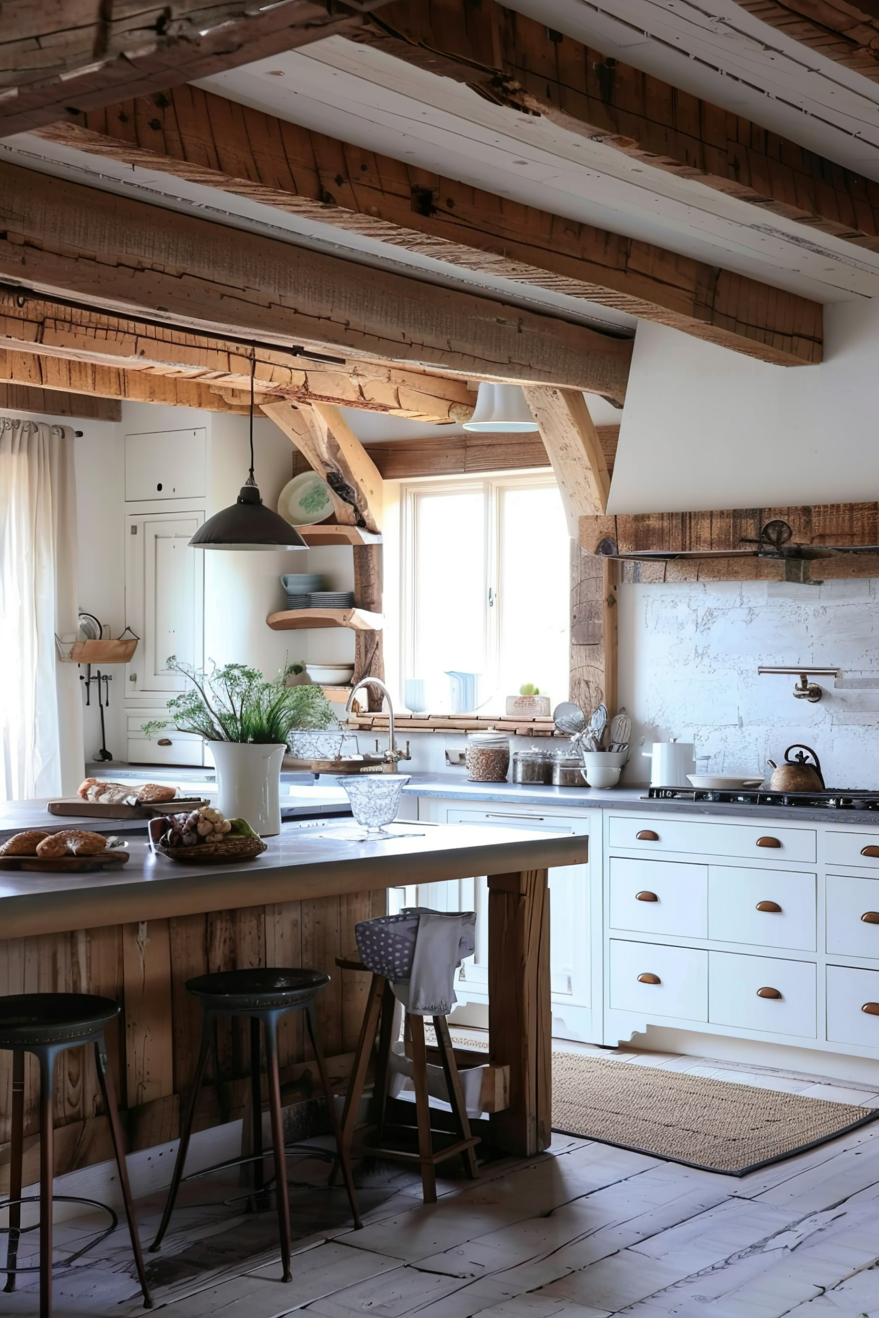 Cozy rustic kitchen interior with white cabinets, a central island, exposed wooden beams, and natural light.