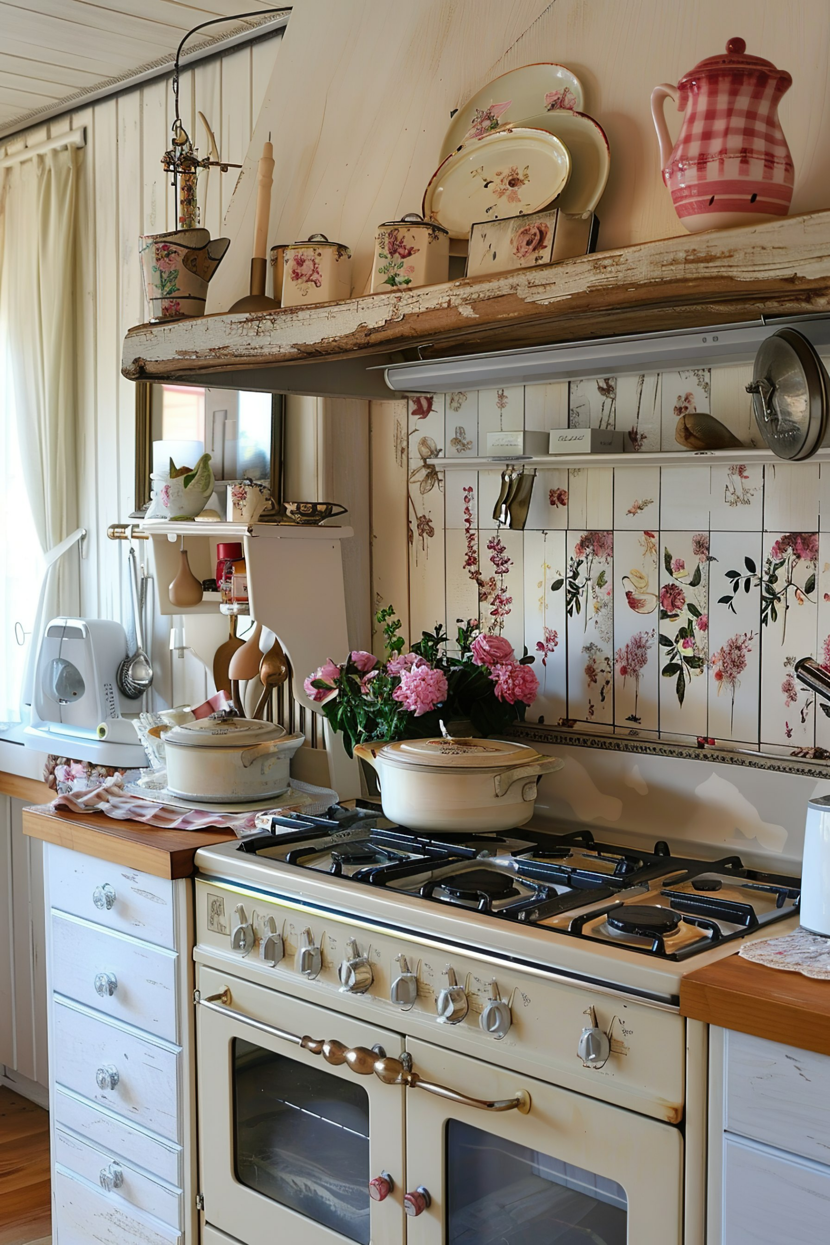 A cozy vintage kitchen with floral wallpaper, an antique stove, wooden shelves filled with rustic pottery, and blooming pink flowers.