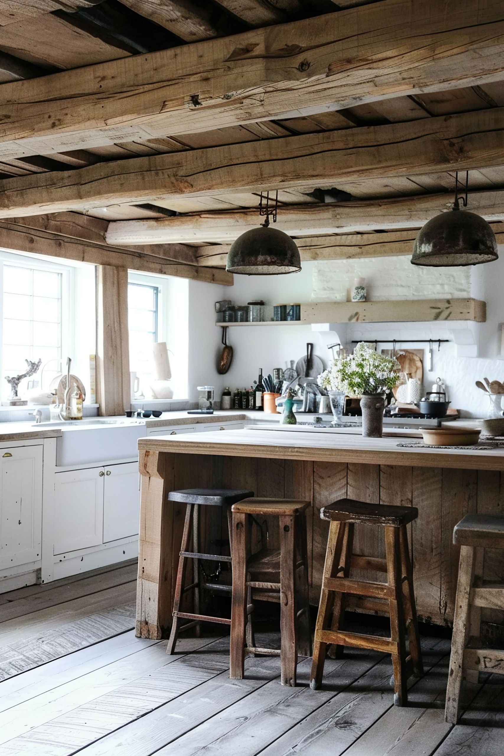 Rustic kitchen interior with wooden beams, cabinets, and stools, lit by natural light from a window.