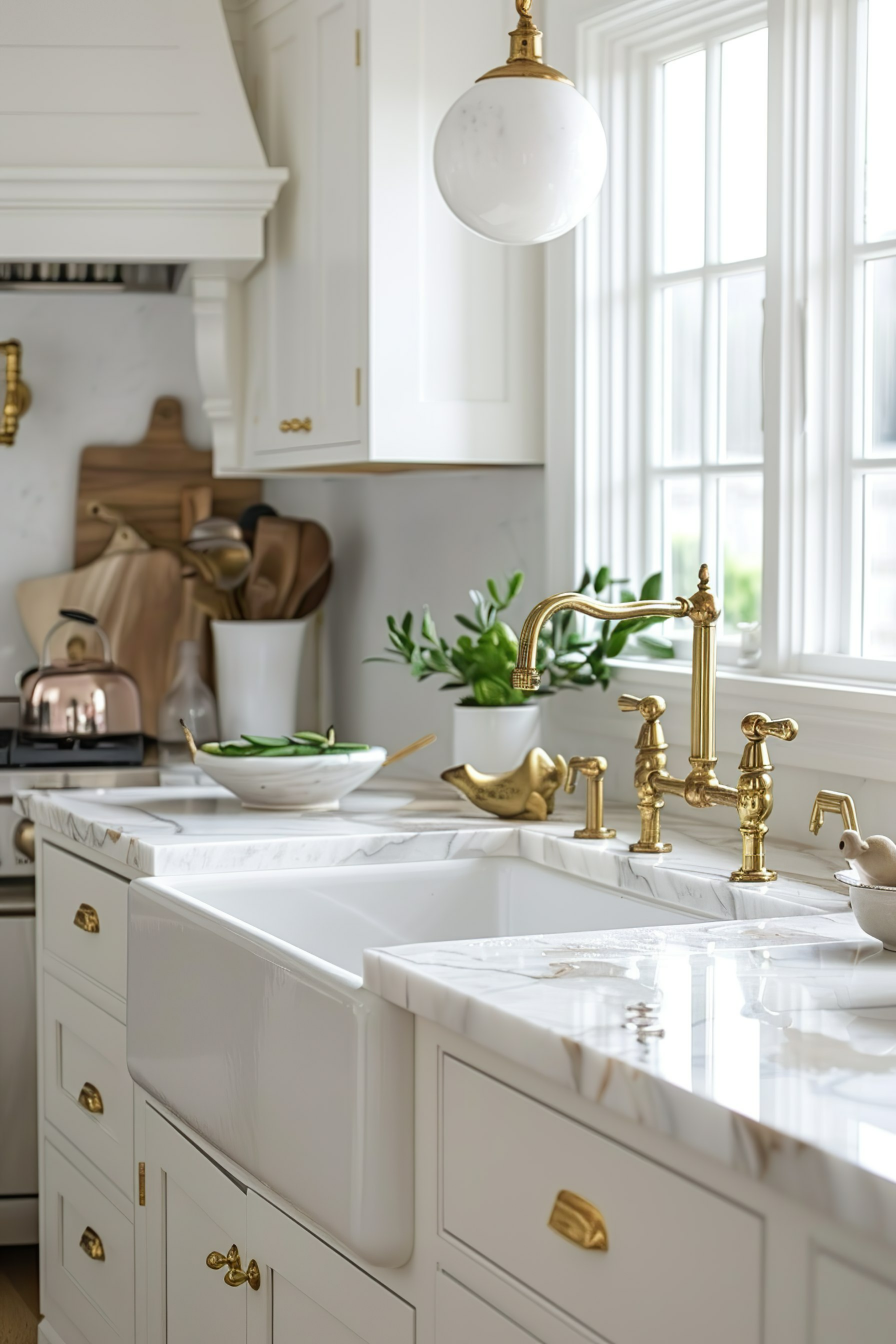 Bright, white kitchen interior with gold-accented sink fixtures, marble countertop, and decorative lighting.