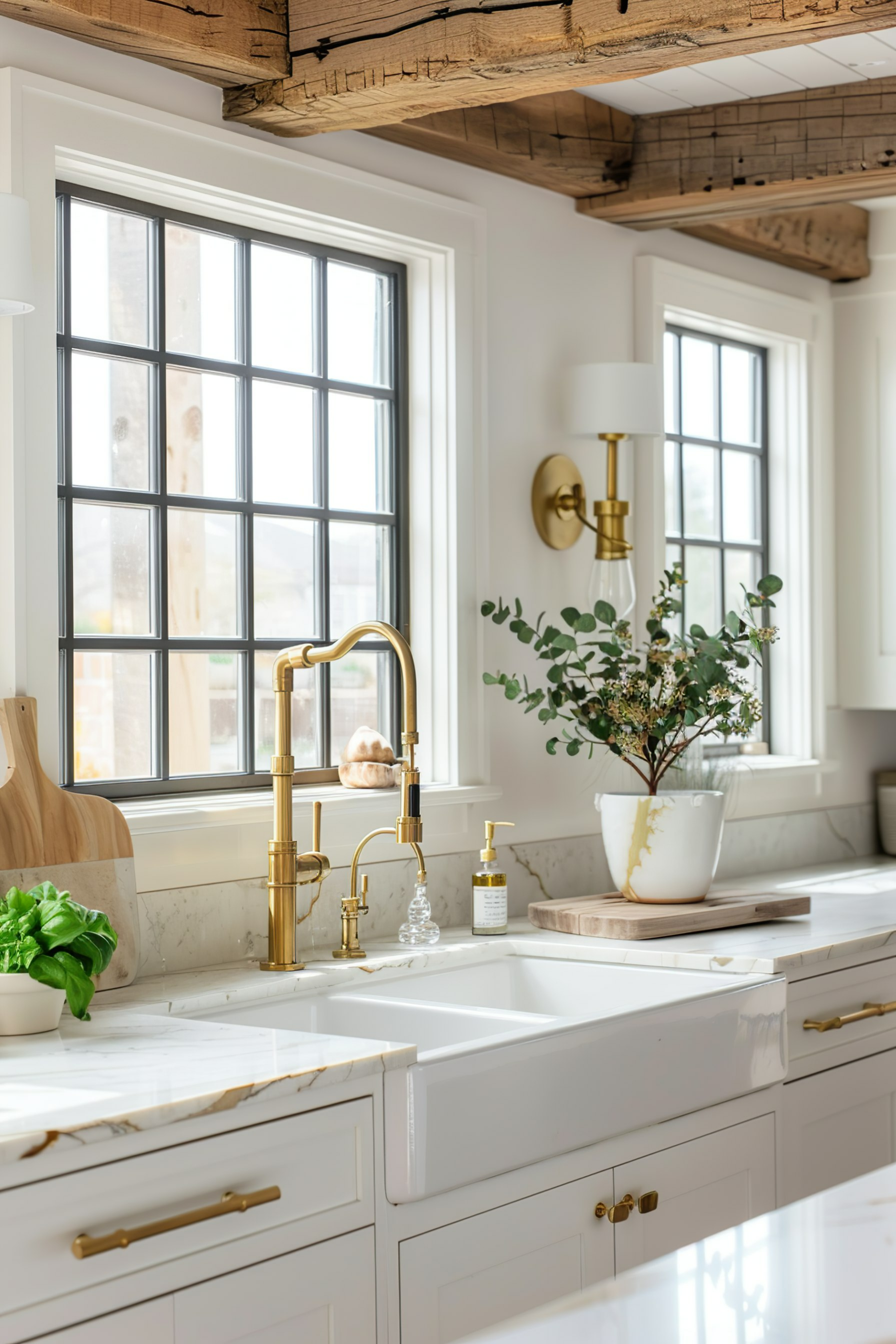 Bright kitchen interior with gold fixtures, white farmhouse sink, marble countertops, and a wooden beam overhead.