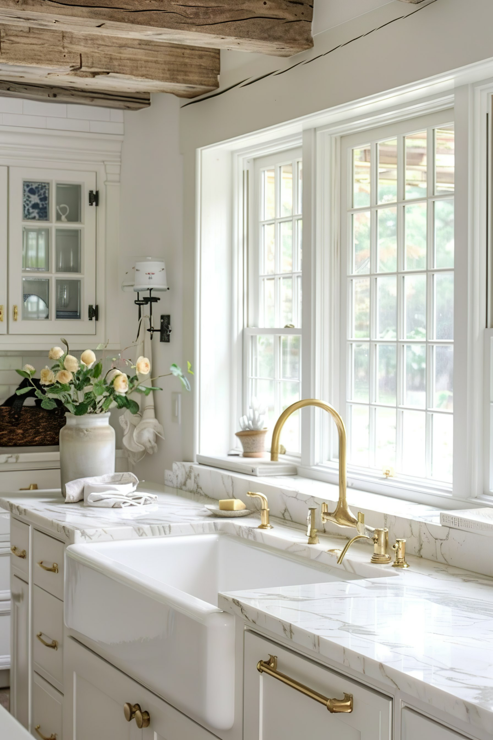 A bright, modern kitchen with white cabinetry, marble countertops, a farmhouse sink, and gold fixtures, with flowers by the window.