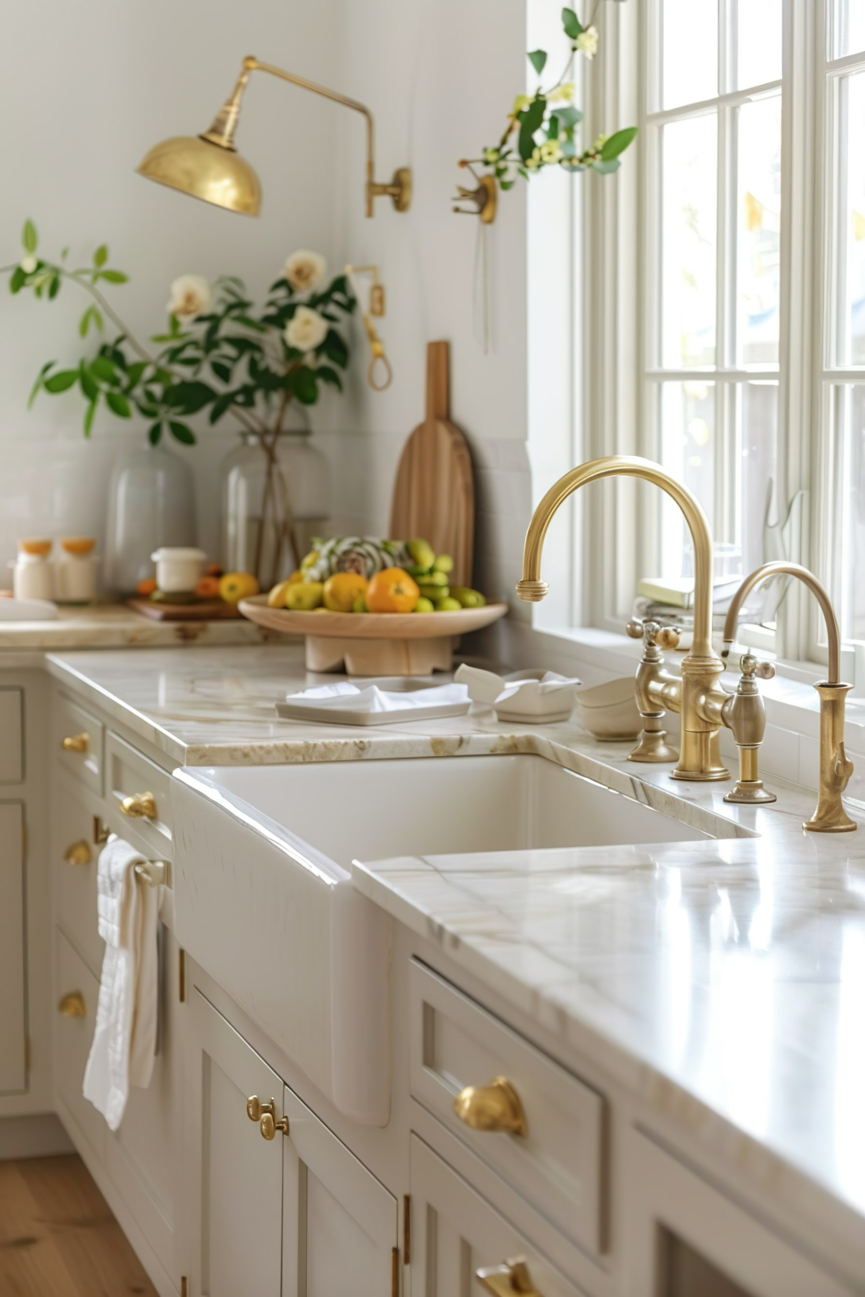 Bright kitchen interior with white farmhouse sink, gold faucet, marble countertops, and a bowl of fruit on the counter.