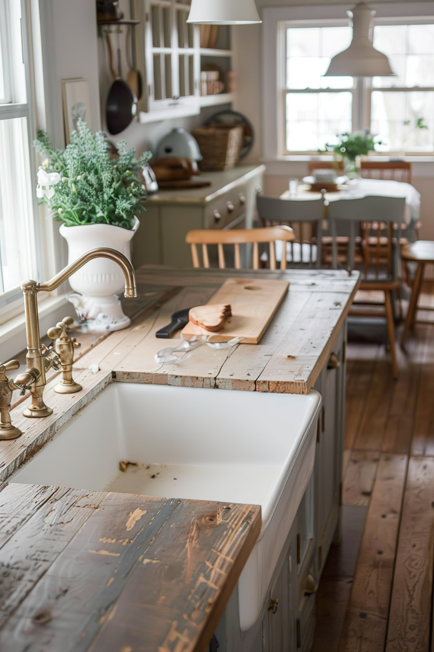 Cozy kitchen interior with a farmhouse sink, rustic wooden countertop, vintage faucets, and a dining area in the background.