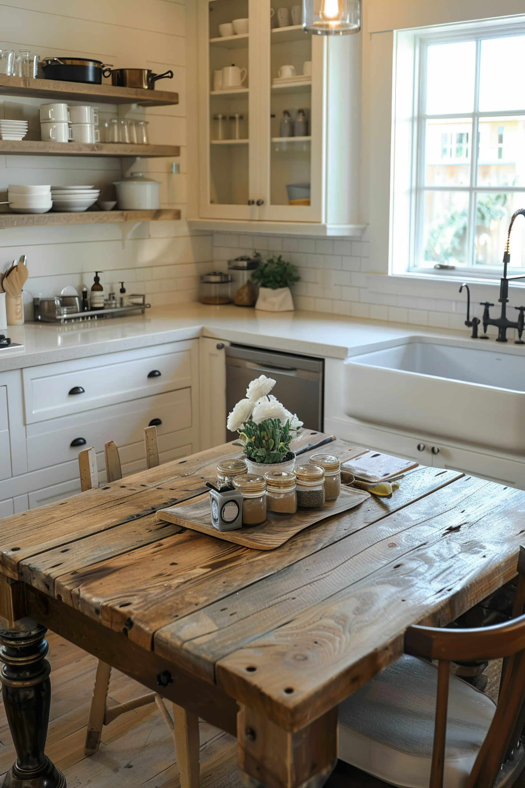 Cozy kitchen interior with rustic wooden table, white cabinetry, subway tiles, and farmhouse sink by a window.