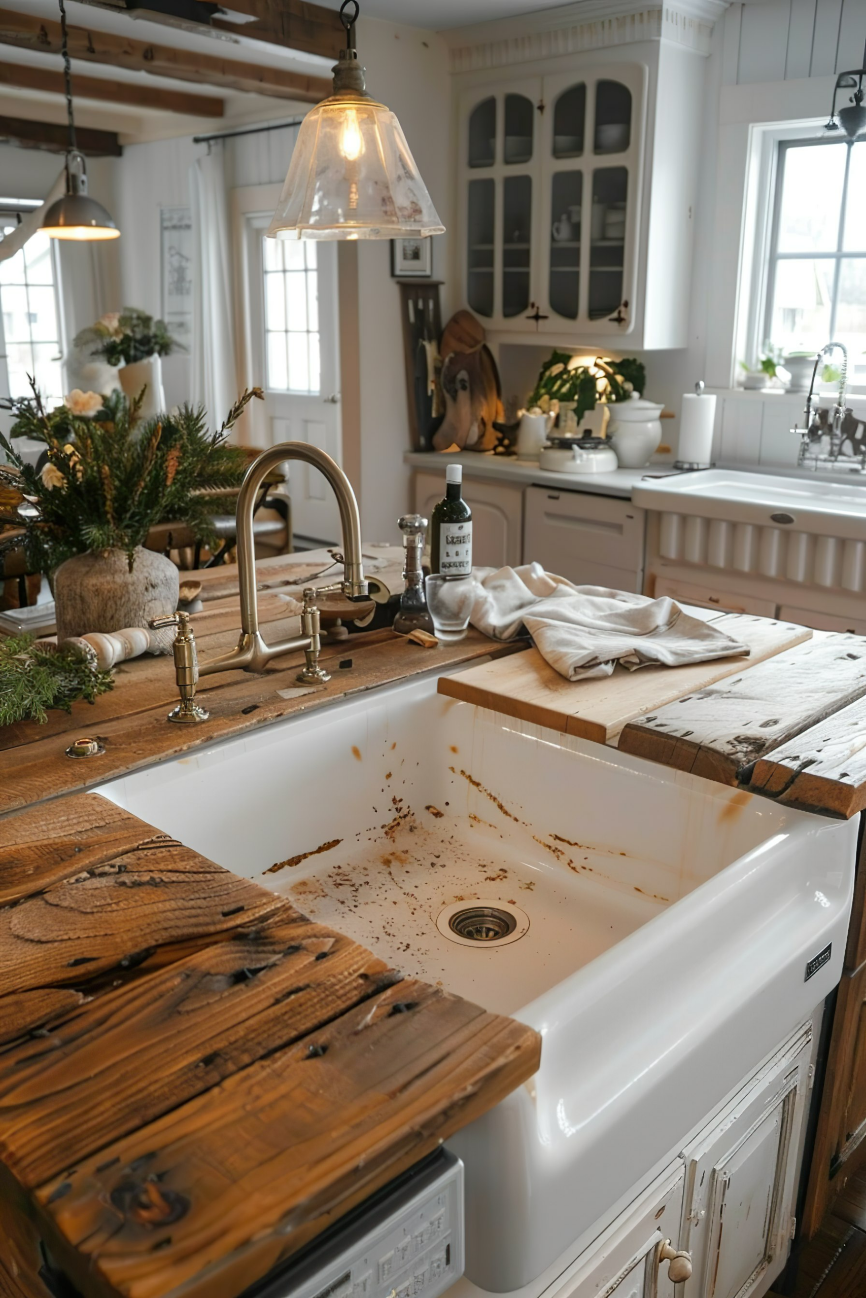 Rustic kitchen interior with wooden countertops and a white farmhouse sink dirty with coffee grounds.