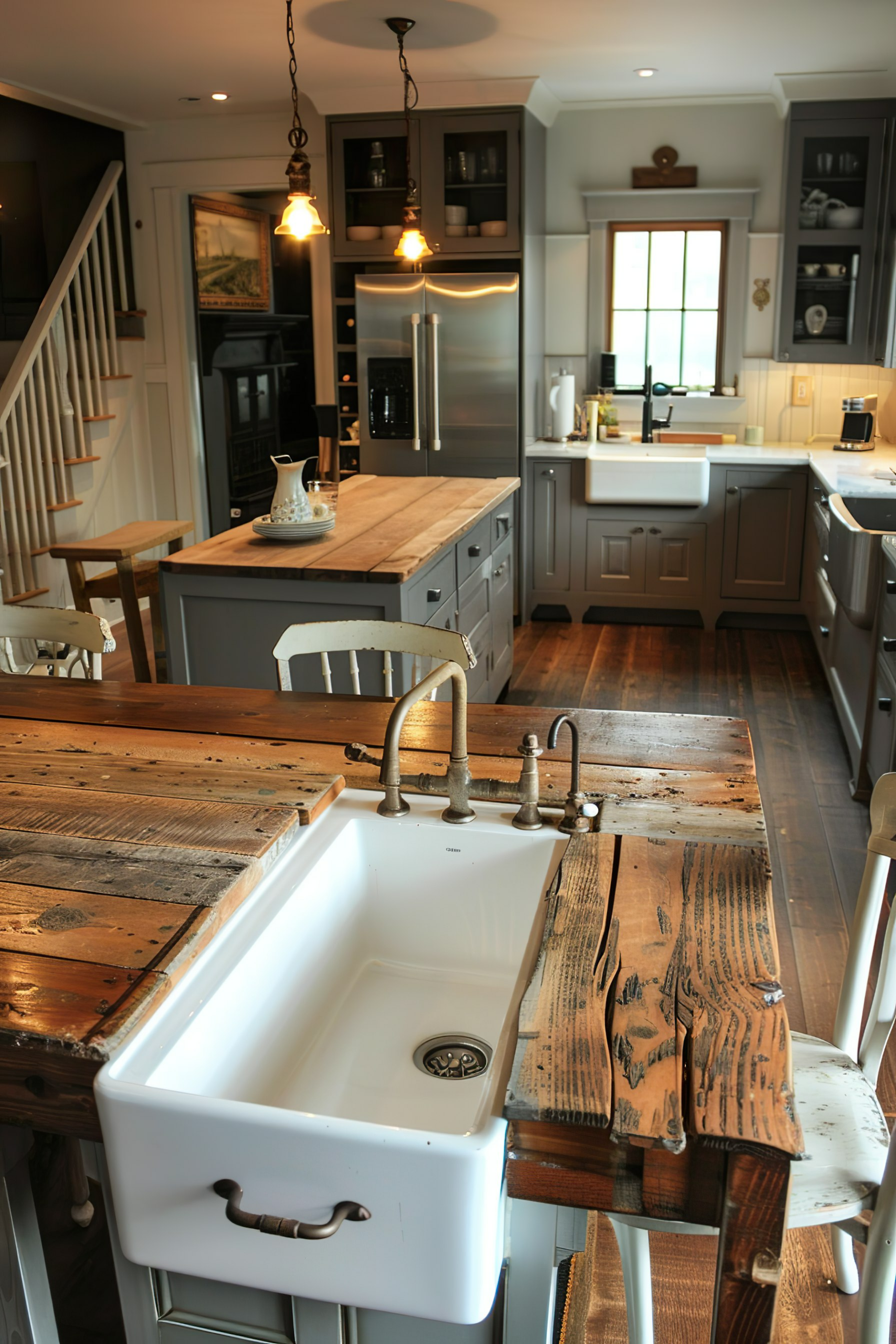 A rustic kitchen interior with a large farmhouse sink, wooden countertops, and hanging lights, with a staircase in the background.