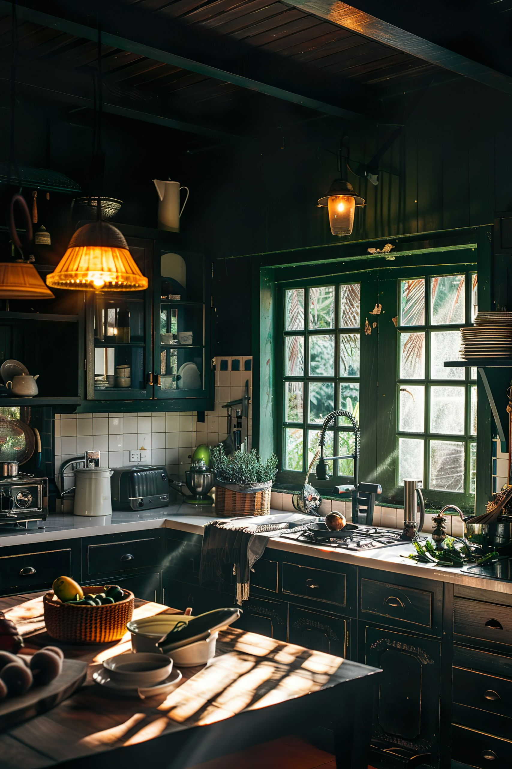 Cozy kitchen interior with dark wood cabinets, sunlight streaming through a window, and vintage appliances.