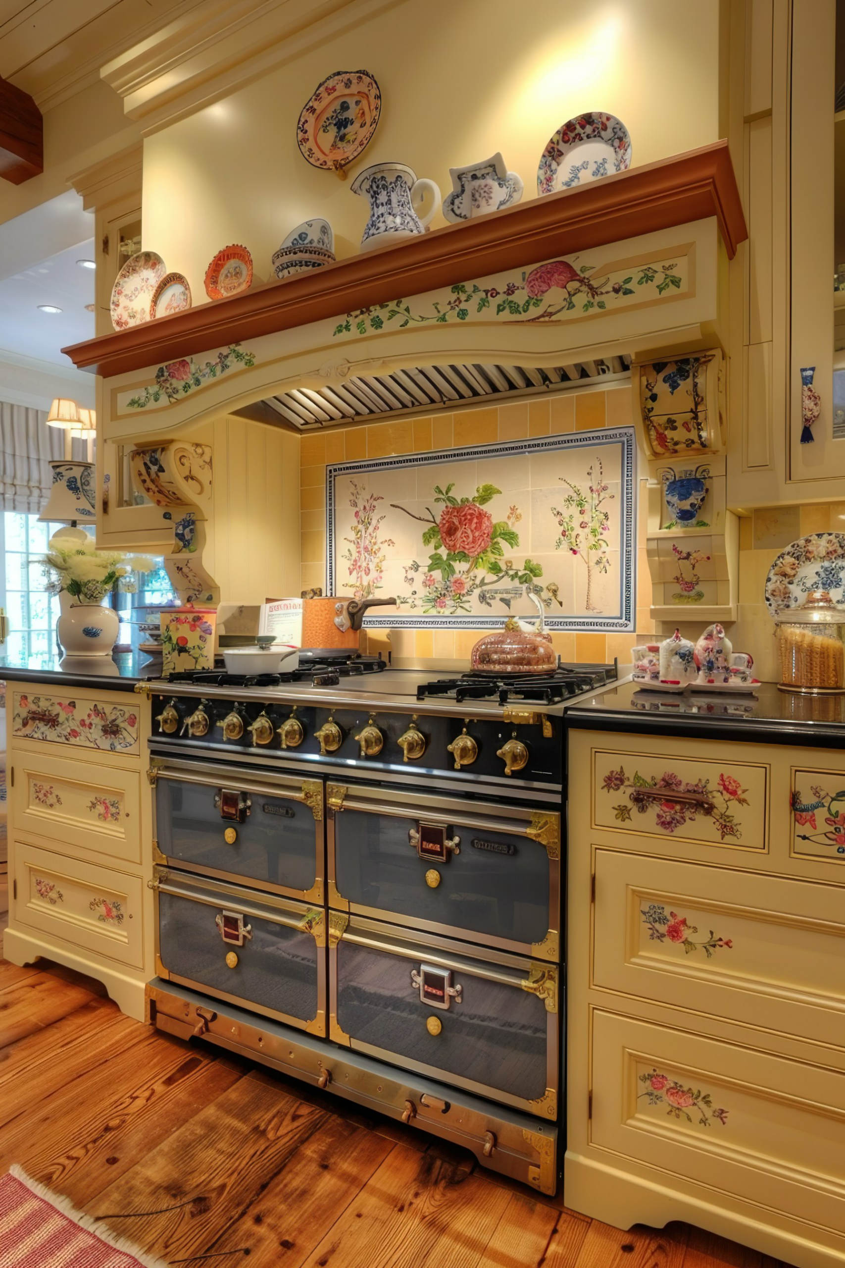 Elegant kitchen with a floral-themed La Cornue range, matching cabinetry with decorative ceramic plates displayed above.