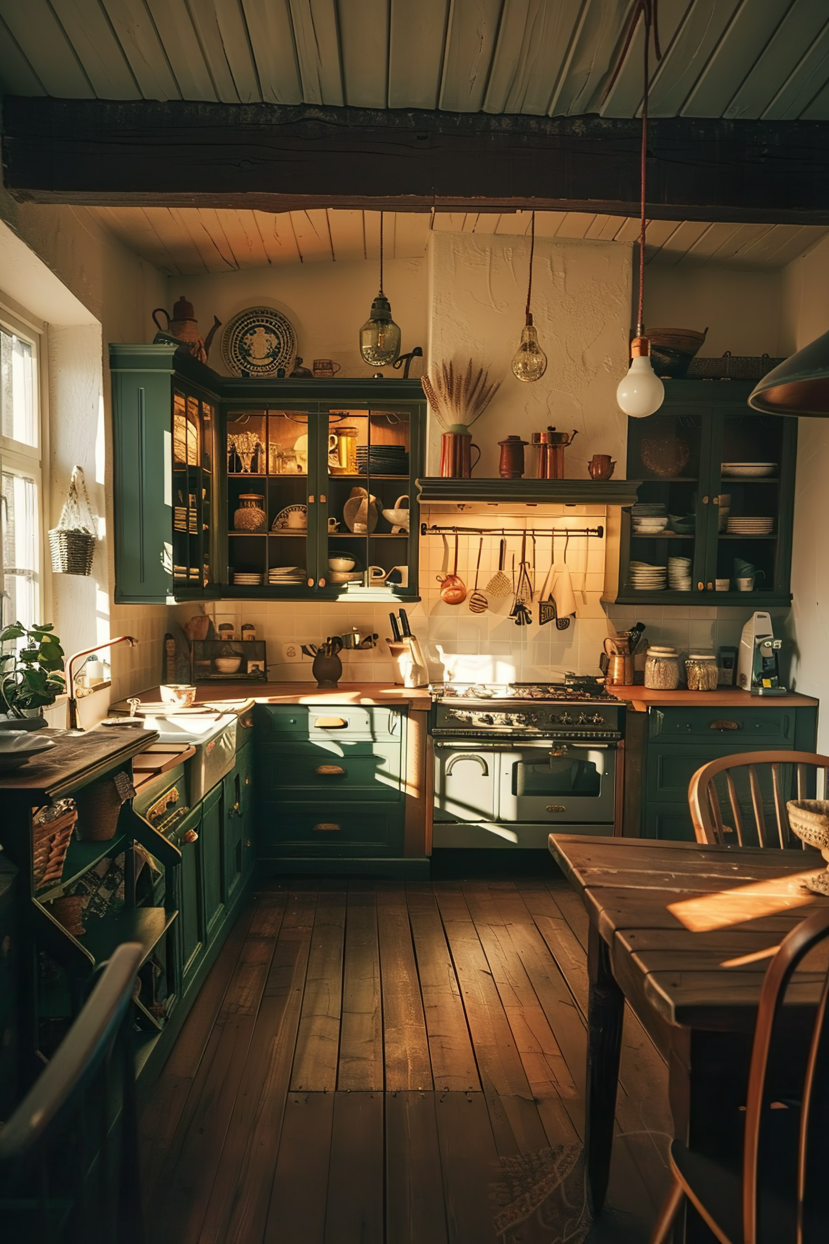 Cozy vintage kitchen interior with natural light, featuring wooden cabinets, a classic stove, and rustic décor.