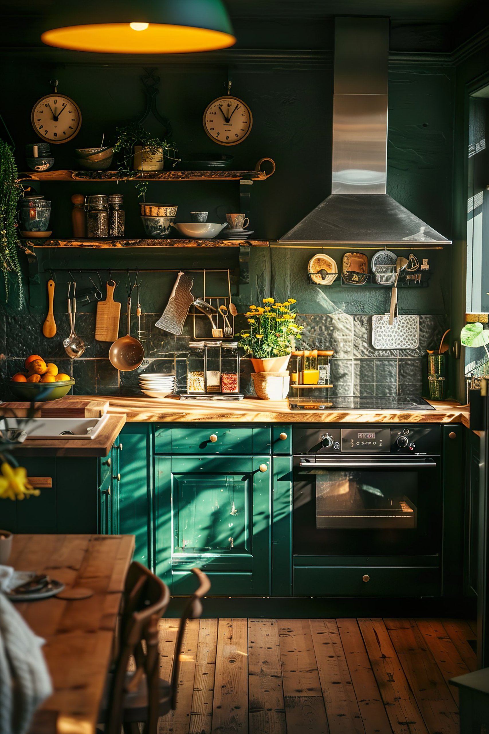 Cozy vintage kitchen with green cabinets, wooden countertops, hanging utensils, and sunlit yellow flowers.