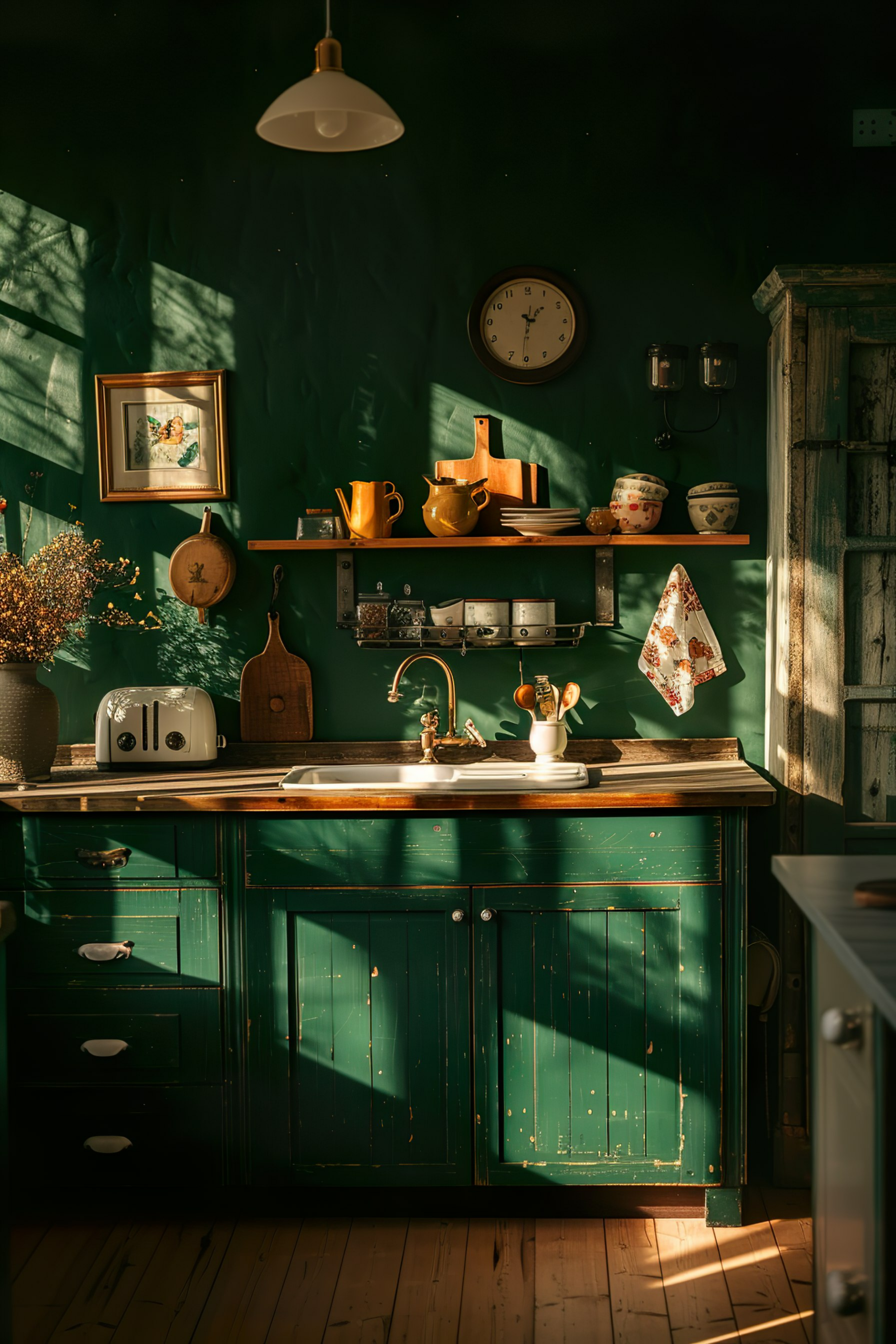 A cozy kitchen interior with sunlight casting shadows on green painted cabinets and a wooden countertop, decorated with various homeware.