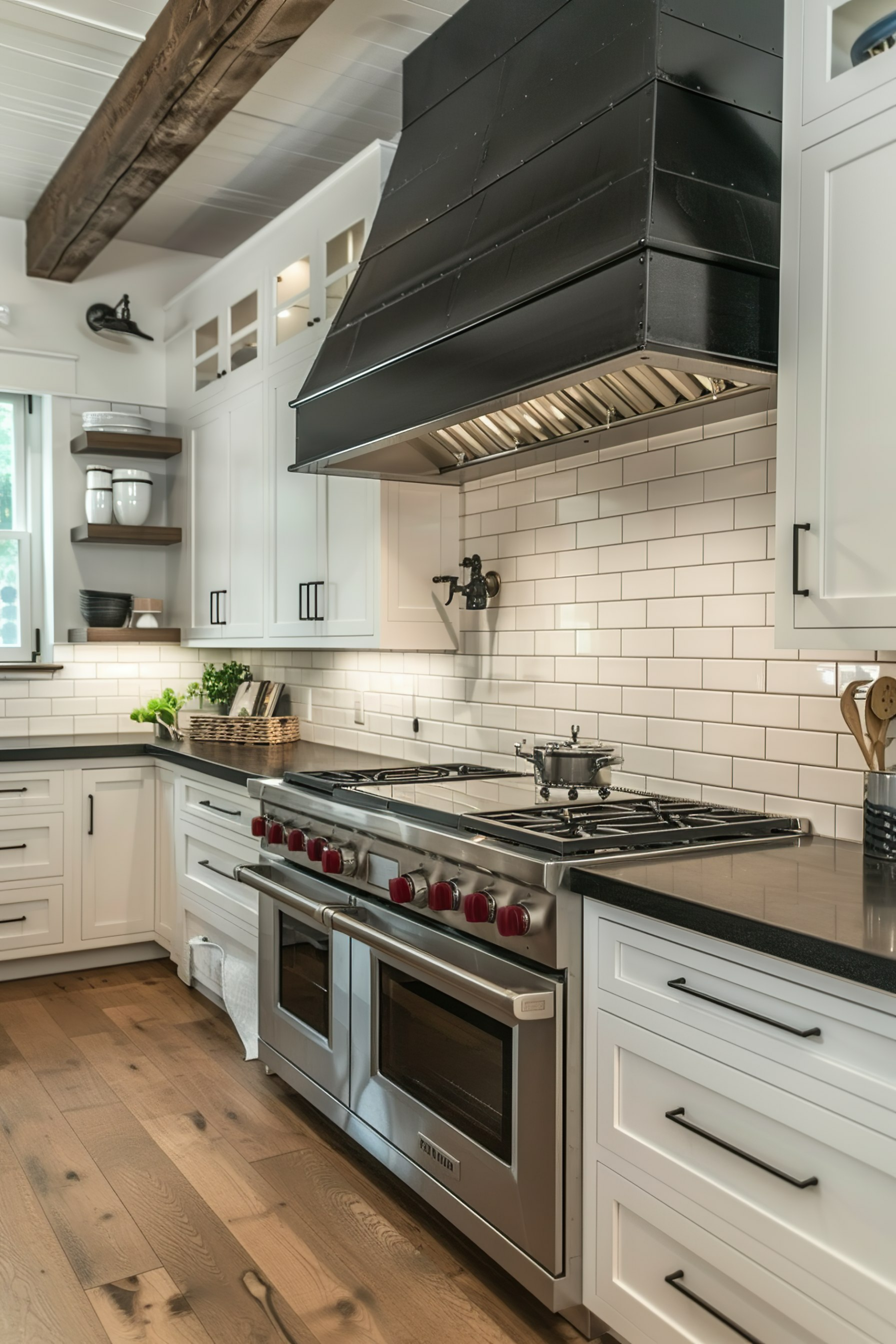 A modern kitchen with white cabinetry, subway tile backsplash, stainless steel range, and a black range hood.