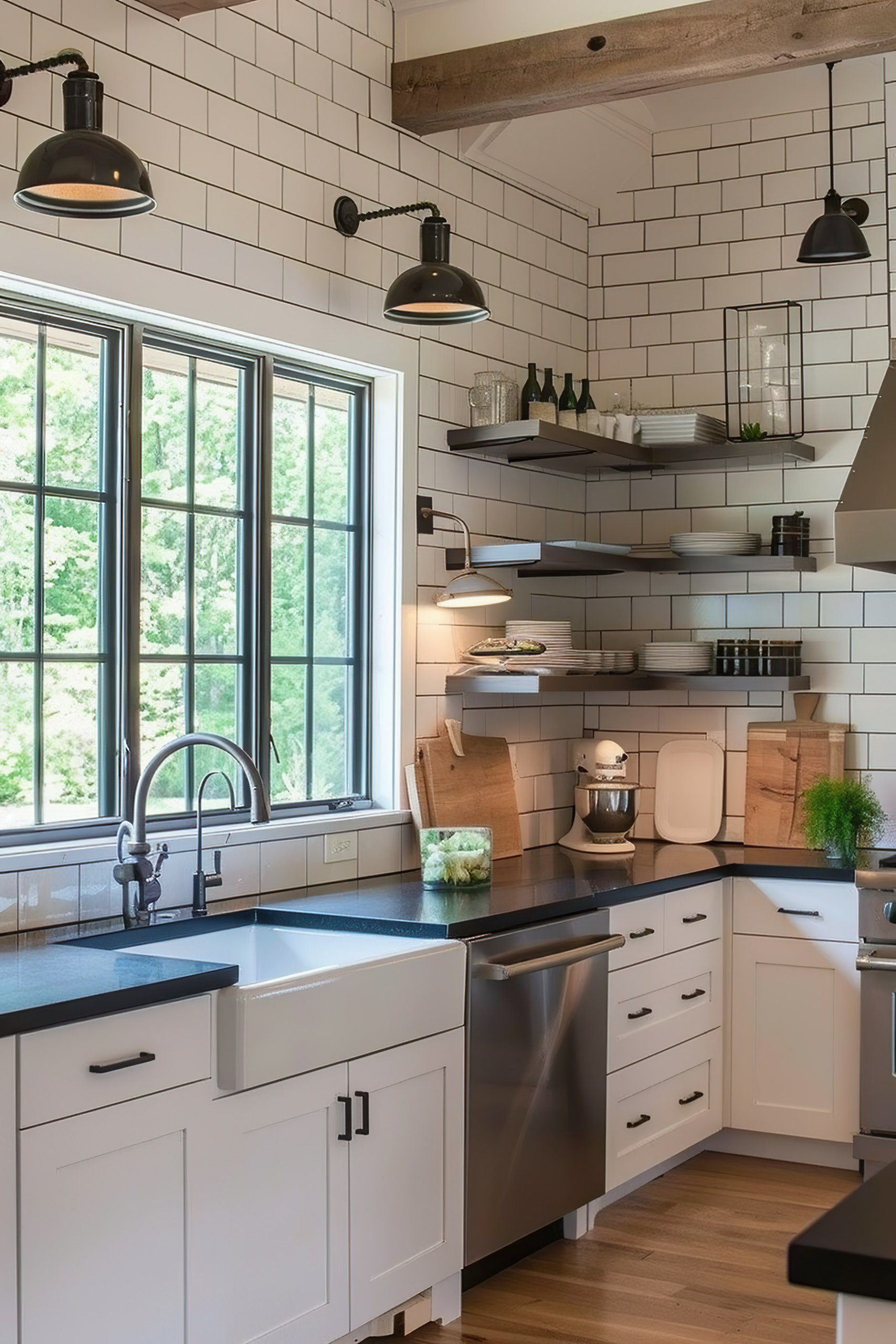 Modern kitchen interior with white subway tiles, black countertops, floating shelves, and stainless steel appliances.