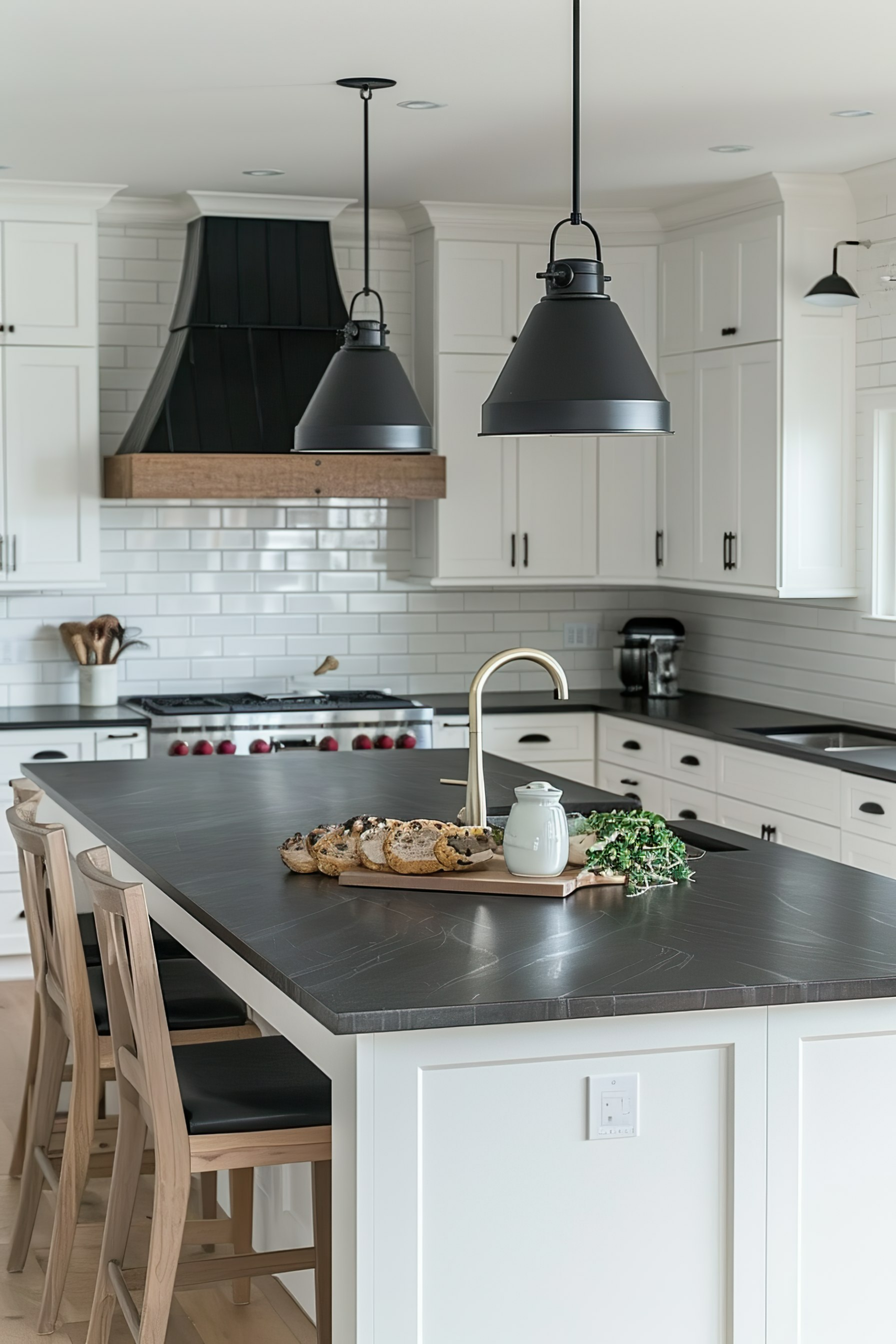 Modern kitchen interior with dark countertop, white cabinets, pendant lights, and a tray of cookies on the island.