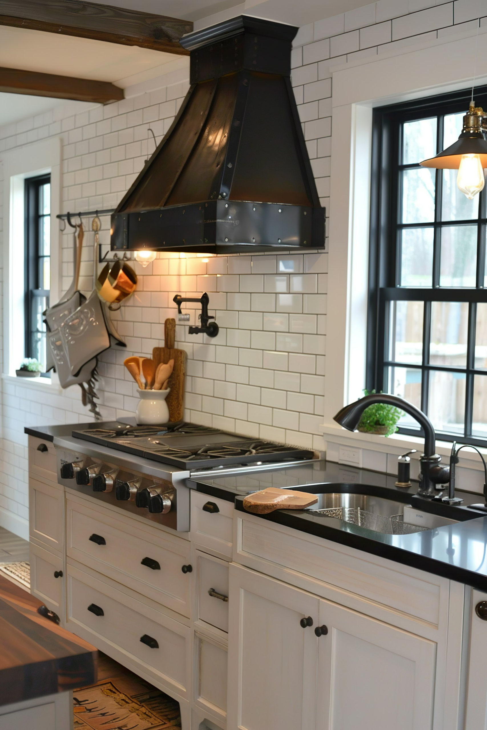 Elegant kitchen interior with white cabinetry, subway tiles, modern stove, and a stylish black range hood.