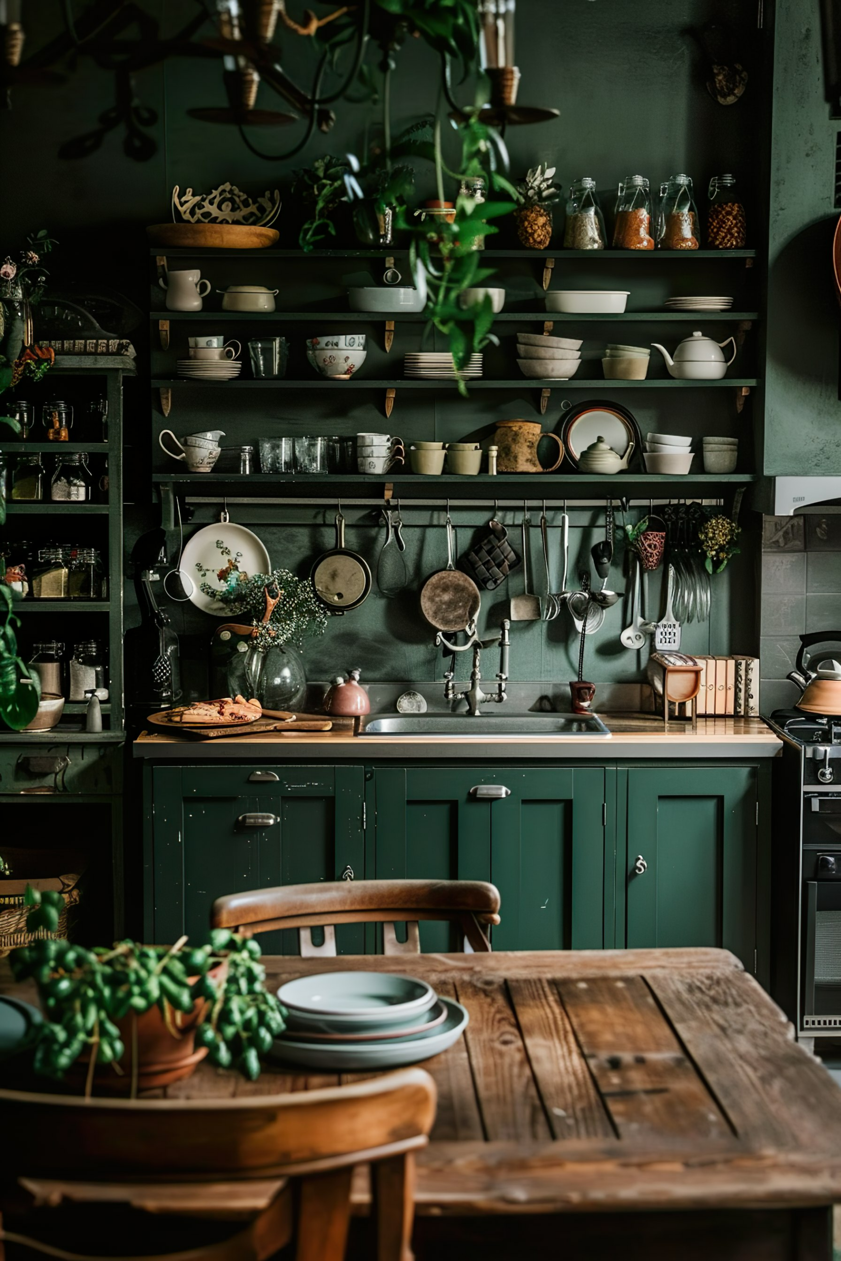 Cozy kitchen interior with wooden table, green cabinets, and shelves filled with dishes, plants, and cooking utensils.