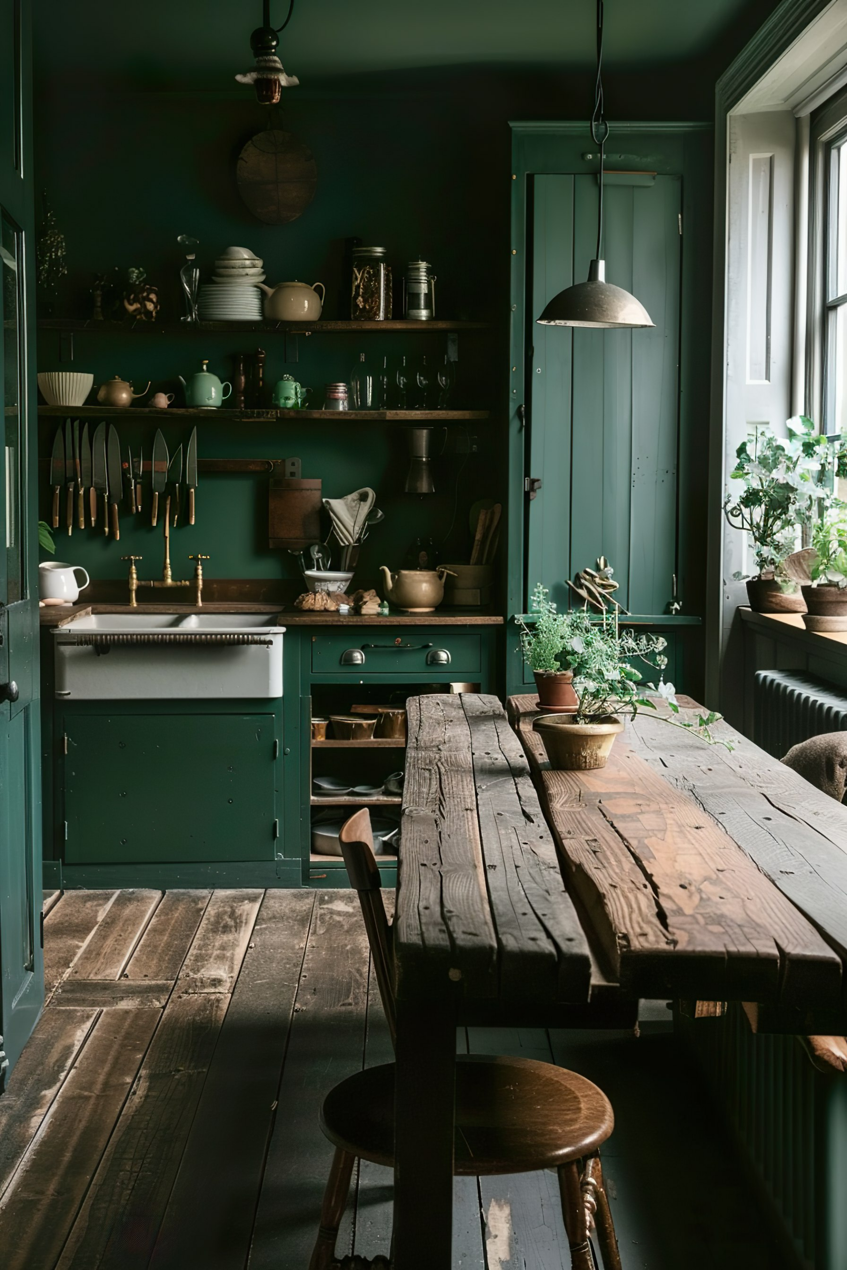 Rustic kitchen interior with dark green cabinets, wooden table, shelves with dishes, plants by the window, and vintage-style lighting.