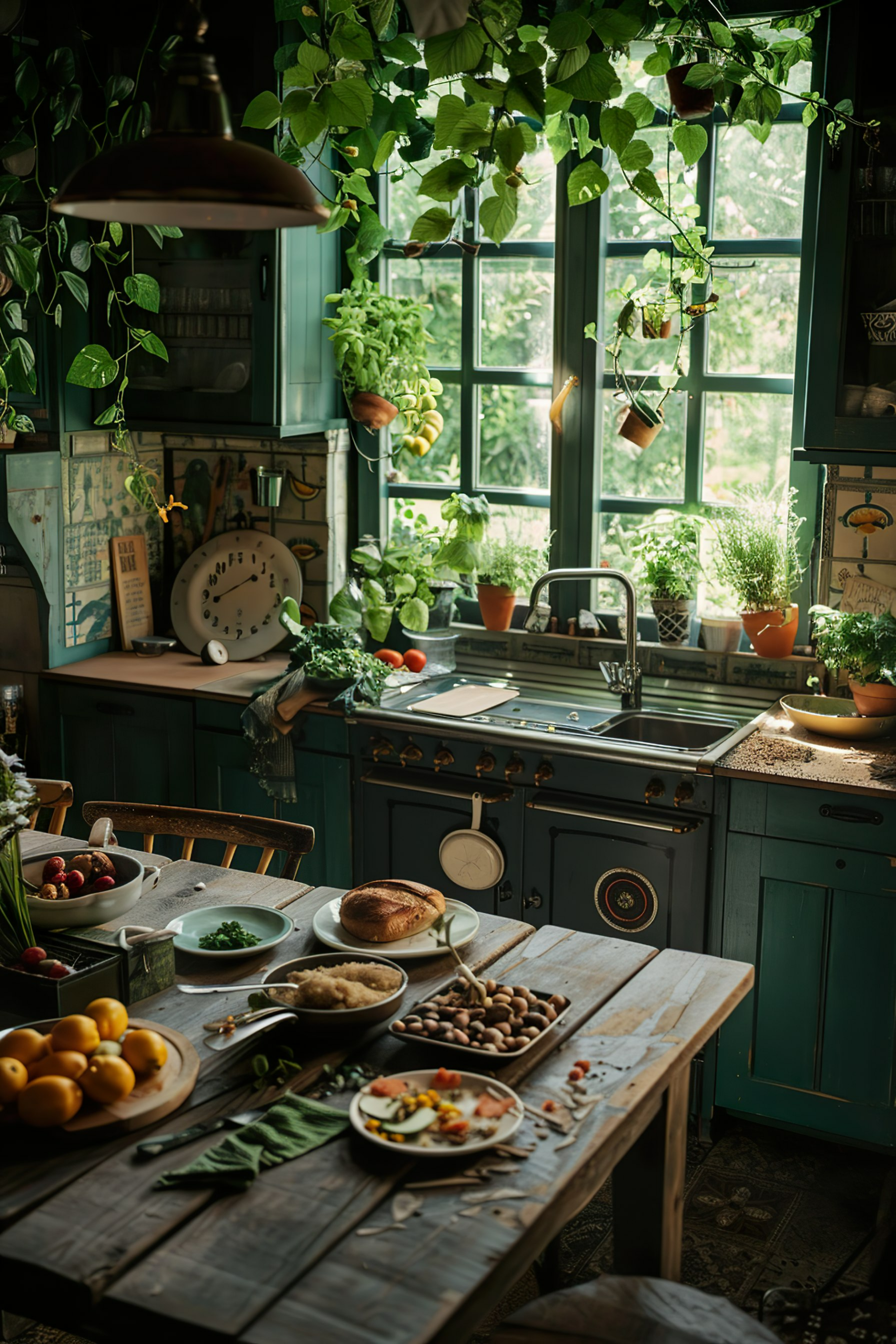 A rustic kitchen with greenery, a wooden table set with food, and vintage cabinets near a sunny window.