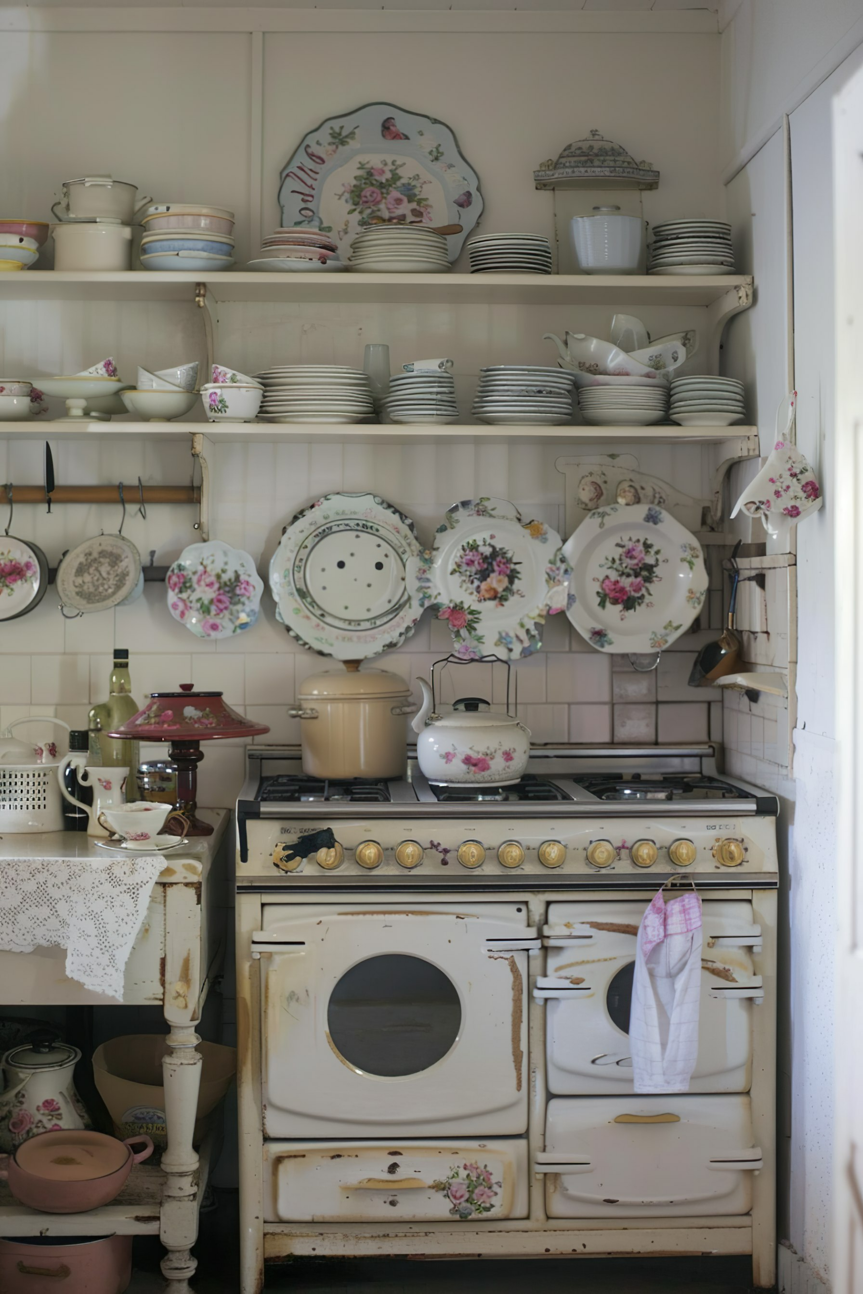 Vintage kitchen with floral patterned china on shelves and an old white stove with a kettle on top and a dish towel hanging from the oven handle.