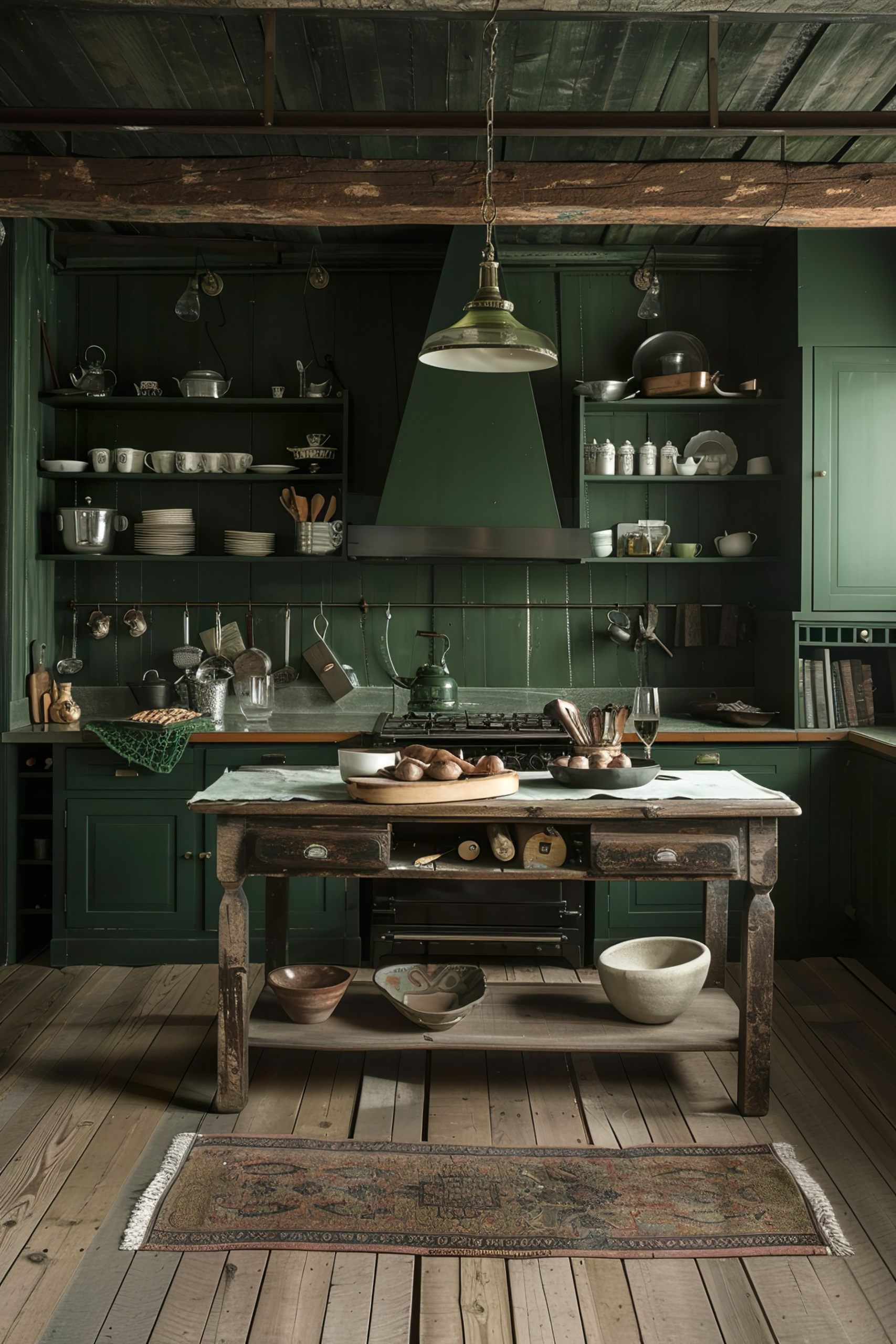 A rustic kitchen with dark green cabinetry and shelves filled with dishes, a large pendant light, and a vintage wooden island on a patterned rug.