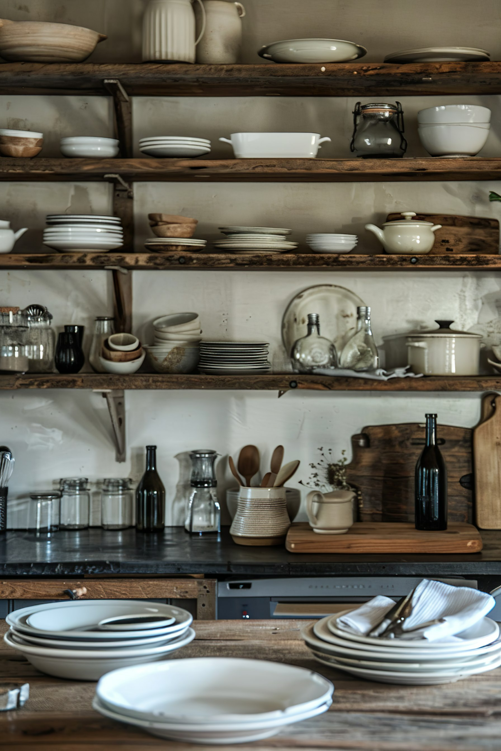 Rustic kitchen shelves stocked with an assortment of dinnerware, glassware, and utensils, showcasing a homey and organized feel.