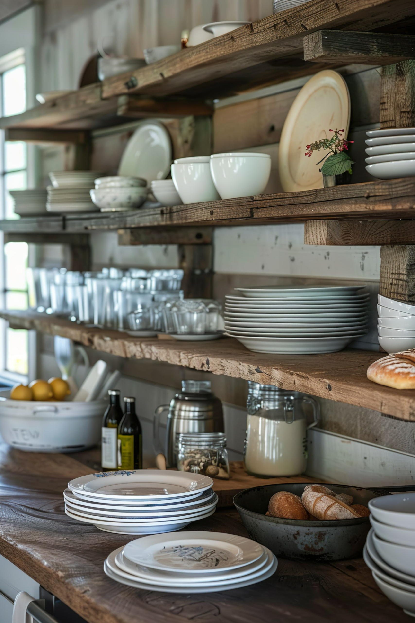 Open kitchen shelves stocked with various dishware, bowls, plates, and glasses, with a rustic wooden counter displaying bread and lemons.