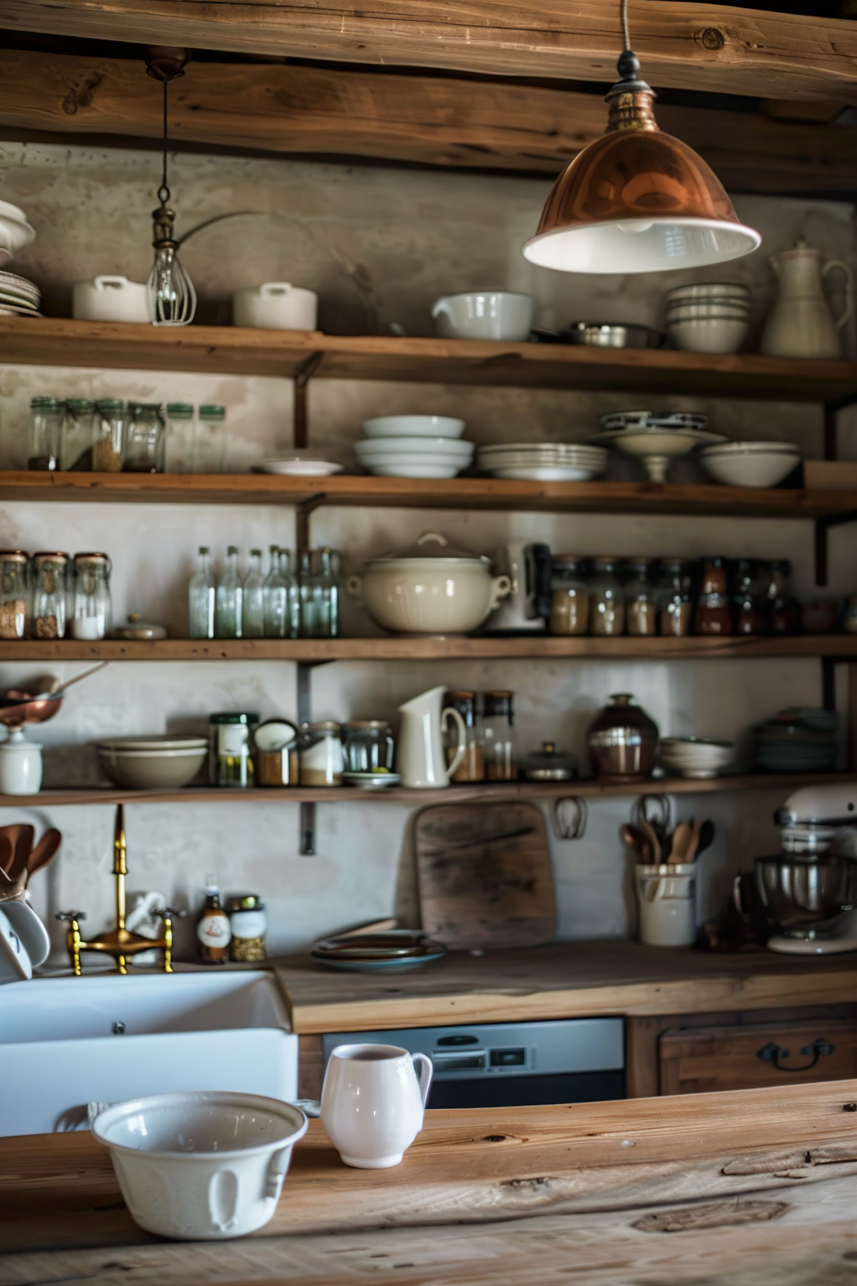 ALT Text: "Rustic kitchen interior with open wooden shelves filled with dishes, glass jars, and utensils, a farmhouse sink, and a copper pendant light."