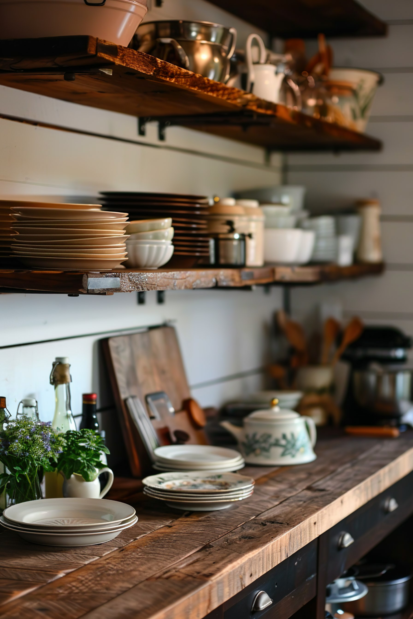 Rustic kitchen interior with wooden countertops and shelves filled with dishes, pots, and cooking utensils.