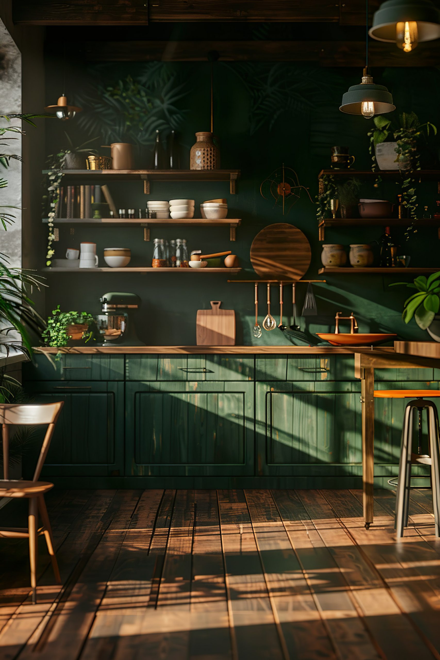 A cozy kitchen corner with open shelves filled with bowls and utensils, green cabinets, and soft sunlight casting shadows on the wooden floor.