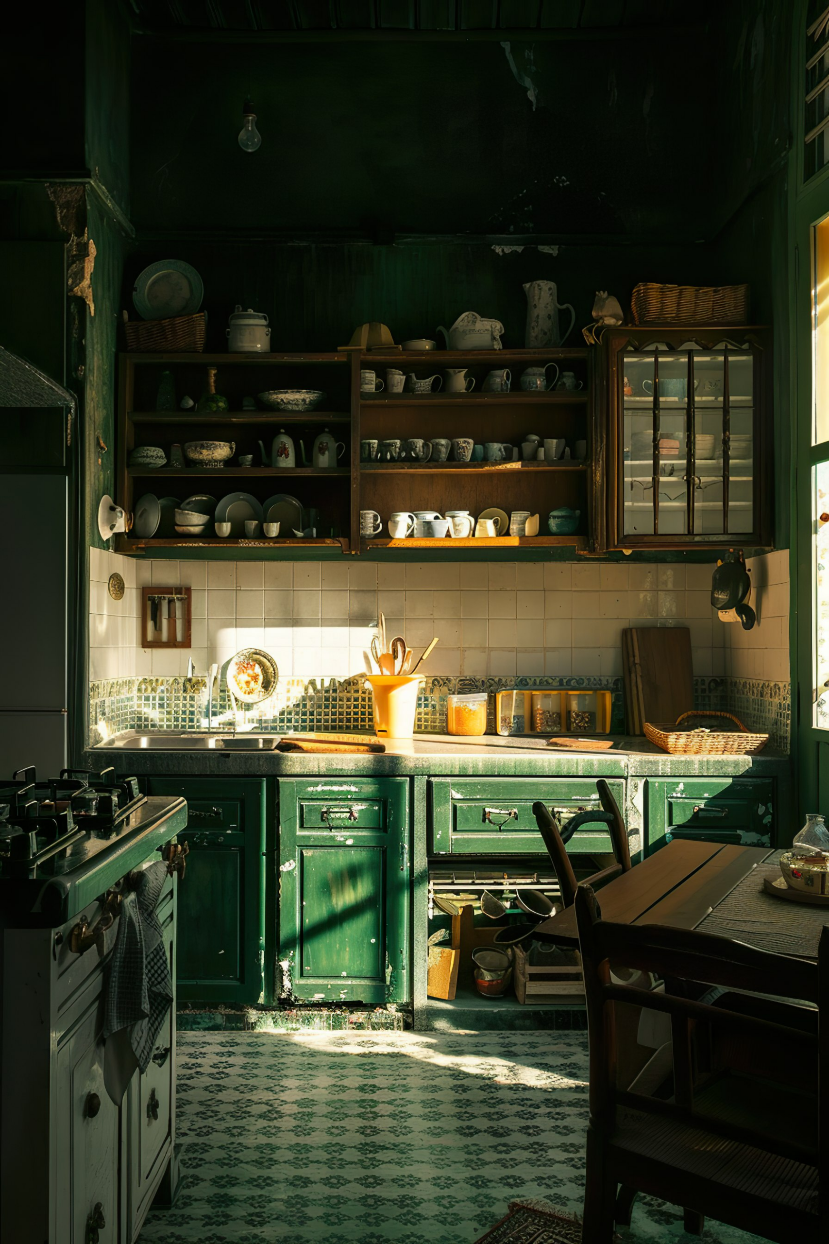 Vintage kitchen interior with sunlight casting shadows, featuring green cabinets, tiled surfaces, and rustic utensils on shelves.