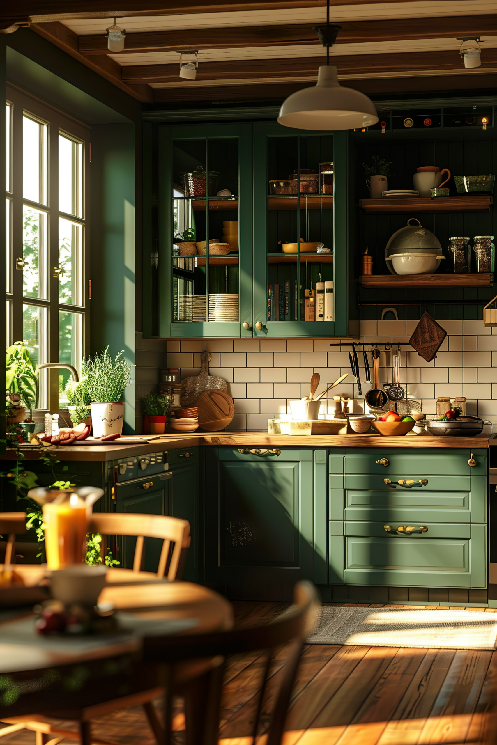 Cozy kitchen interior with dark green cabinets, wooden countertops, and sunlight streaming in through a window.