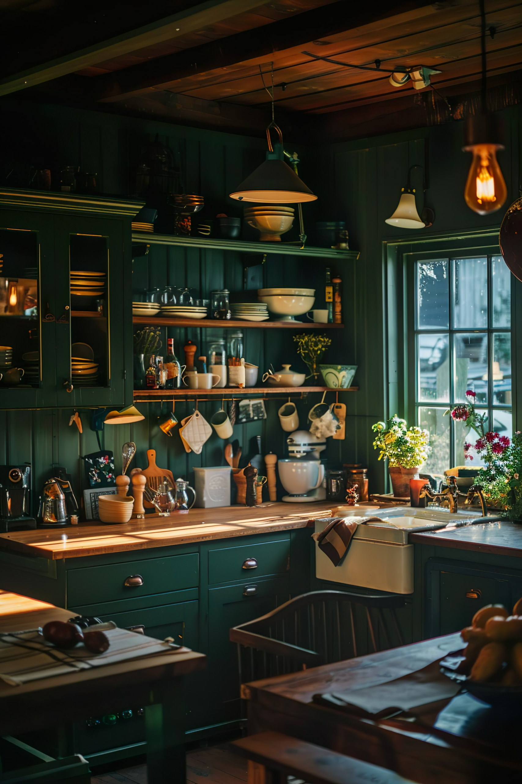 Cozy kitchen interior with dark green cabinets, wooden countertops, and various kitchen utensils under warm lighting.