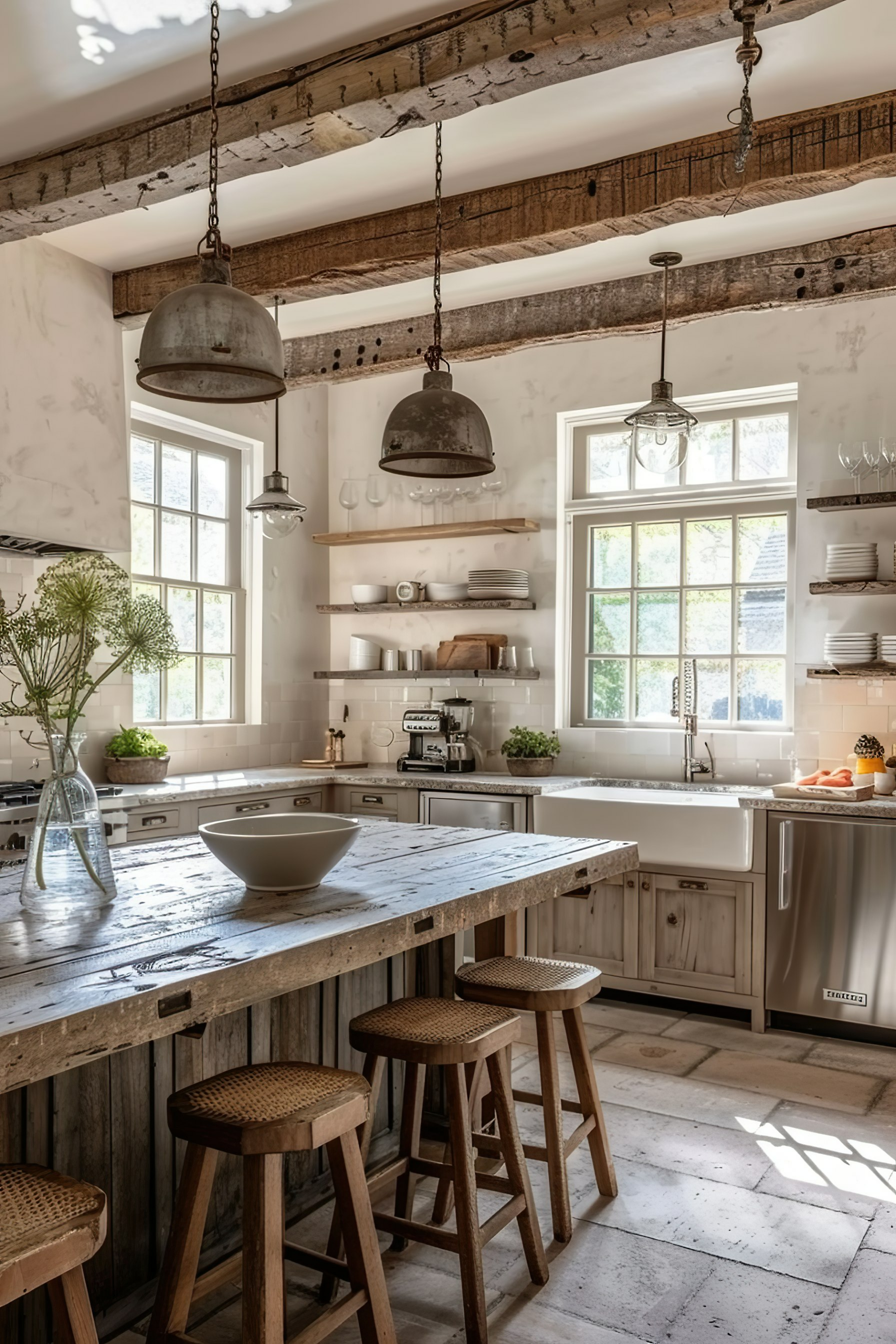 Rustic kitchen with exposed beams, a wooden island, industrial pendant lights, and modern appliances.