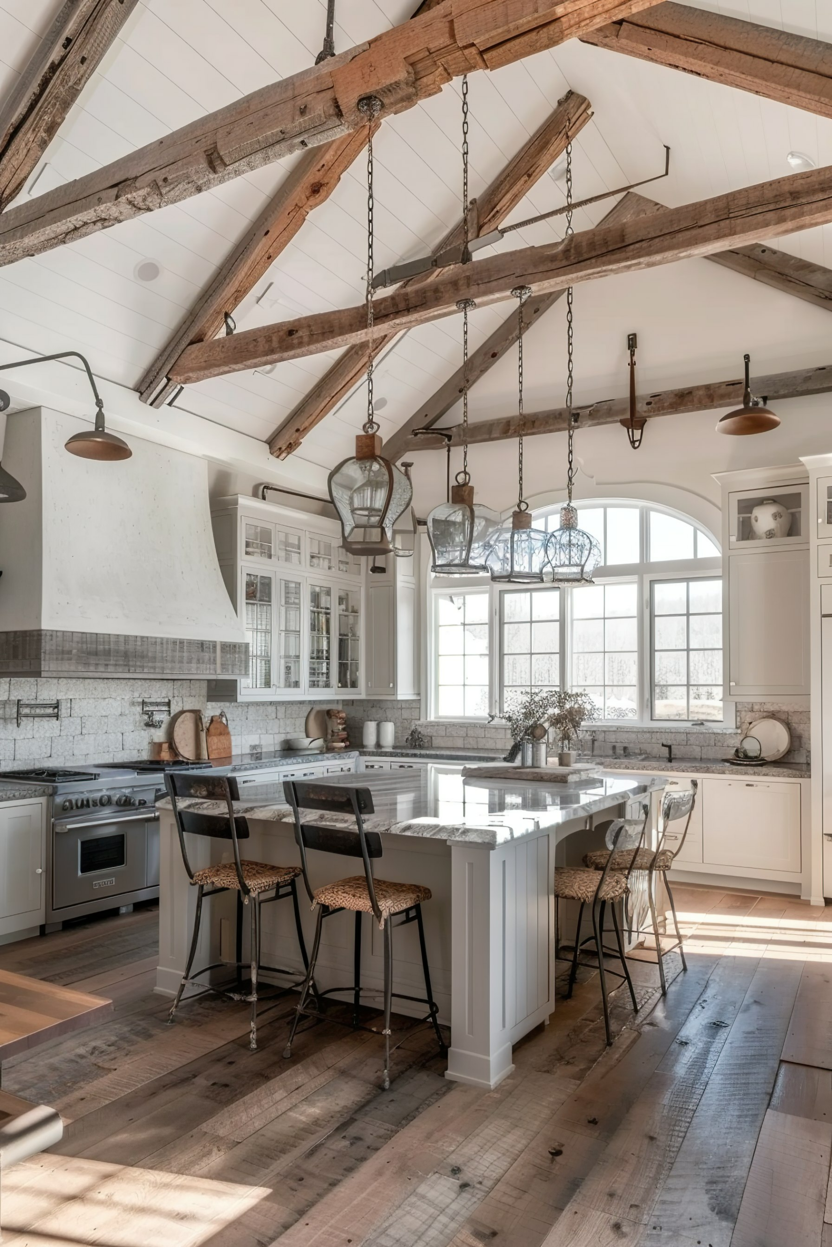 A rustic kitchen with exposed wooden beams, pendant lights, white cabinetry, and a central island with bar stools.