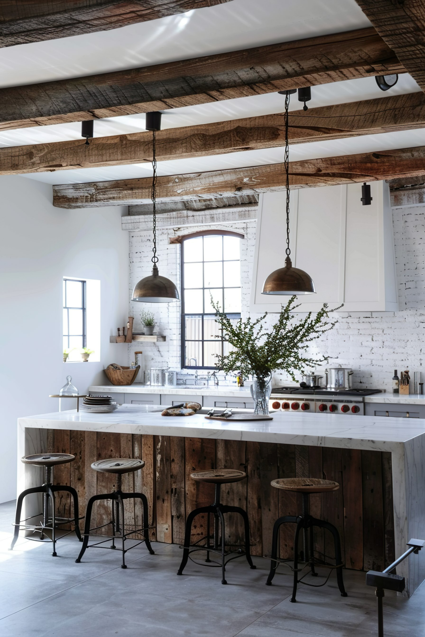 Rustic modern kitchen with exposed beams, large windows, pendant lights, and a marble island with wooden bar stools.