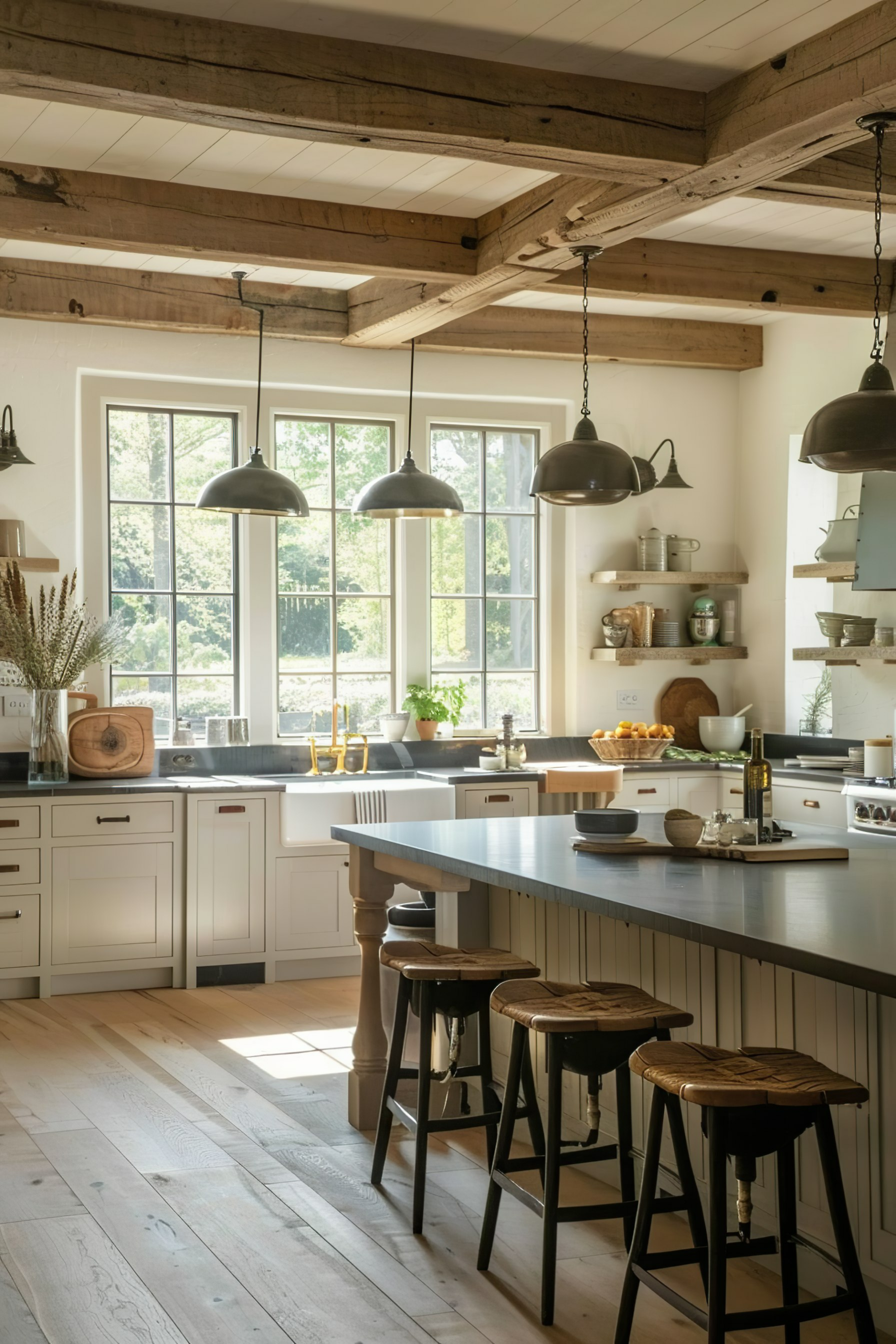 Rustic kitchen interior with wooden beams, large windows, pendant lights, and a central island with stools.