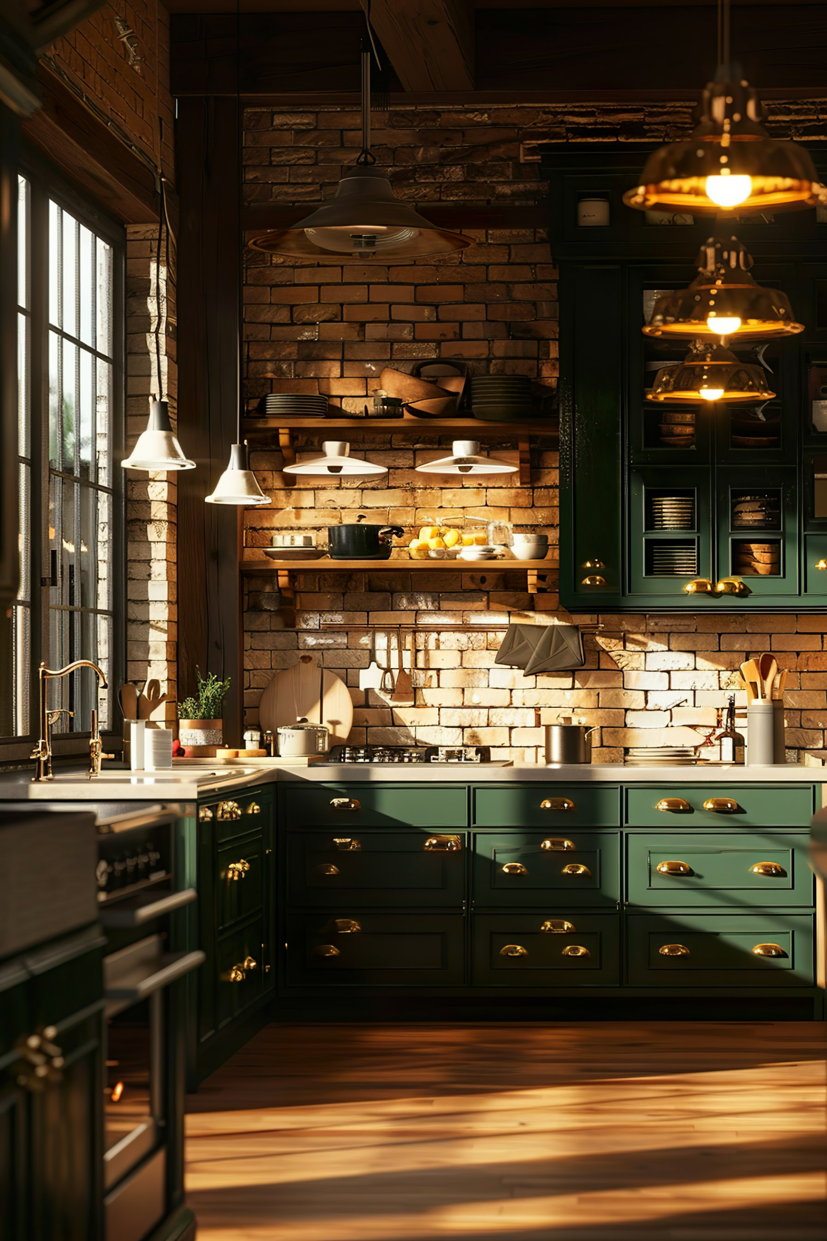 ALT: A cozy kitchen interior with dark green cabinets, wooden countertops, brick wall, and warm hanging lights casting a golden glow.