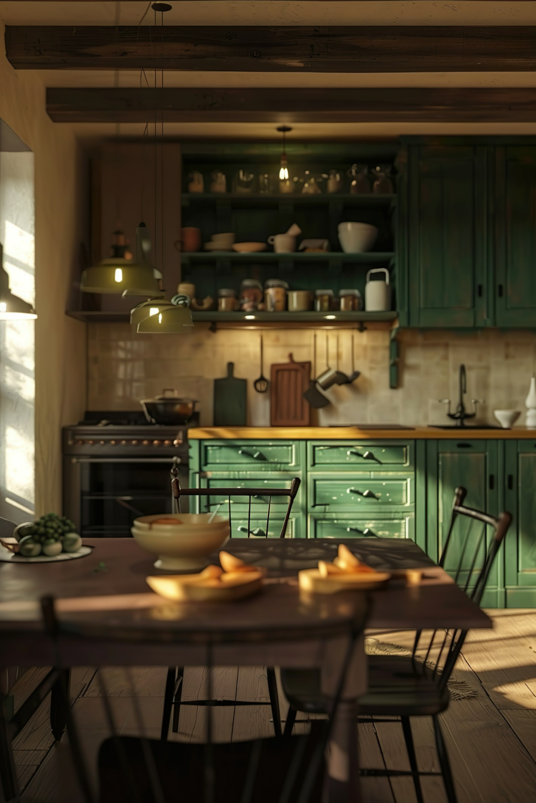 Cozy kitchen interior with sunlight casting shadows, green cabinets, wooden table with fruit, and open shelving filled with dishware.