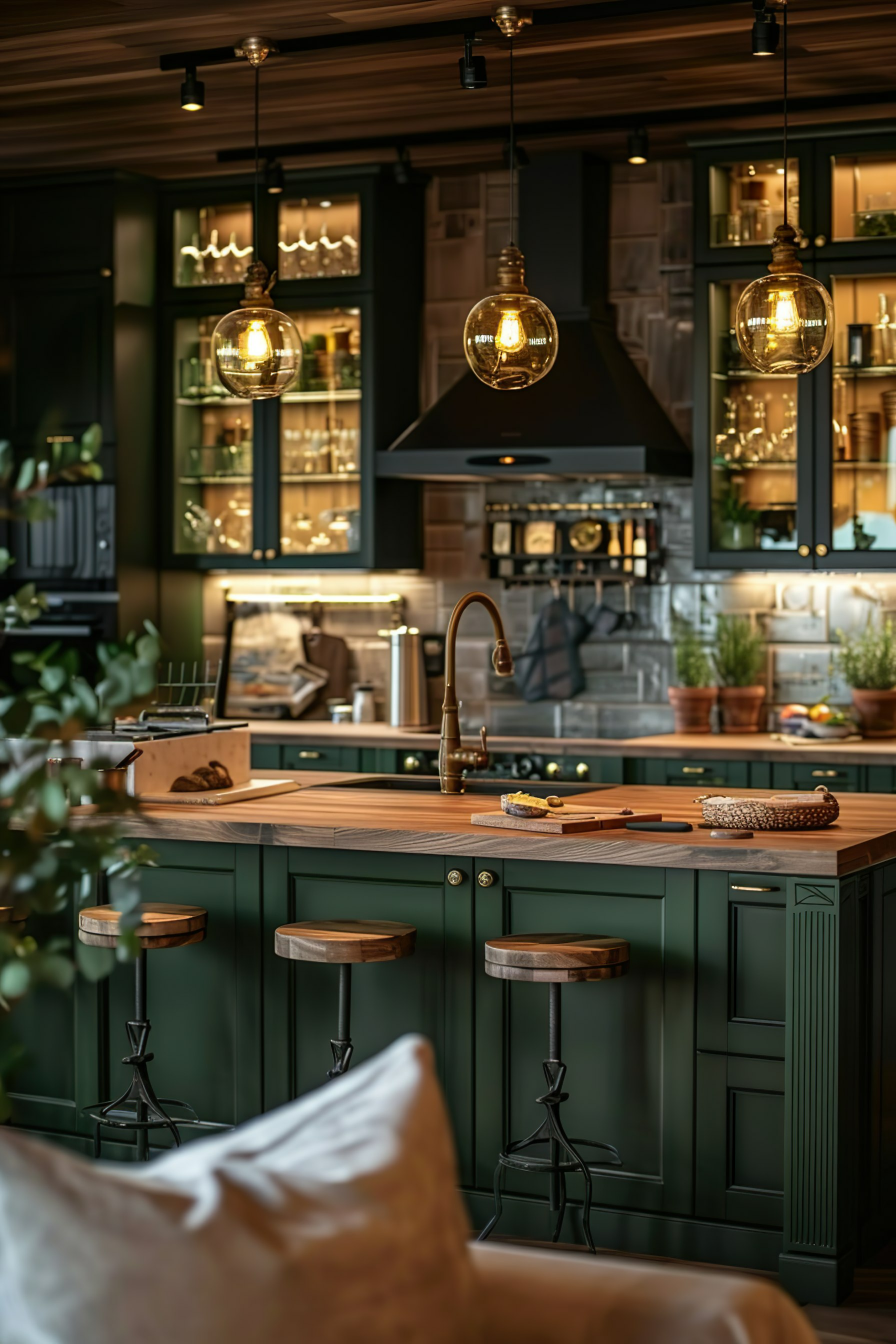 Elegant kitchen with green cabinets, wooden countertops, hanging glass pendant lights, and stools at the island.