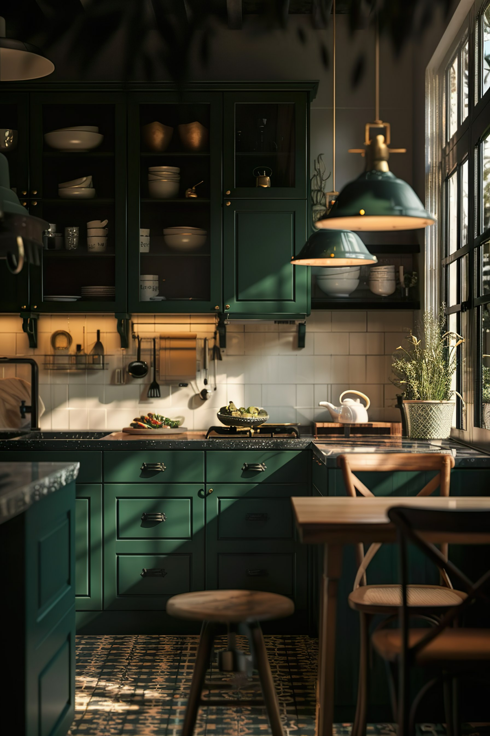 Modern kitchen with dark green cabinets, white tiles, patterned floor, and hanging green pendant lights, with natural light from window.