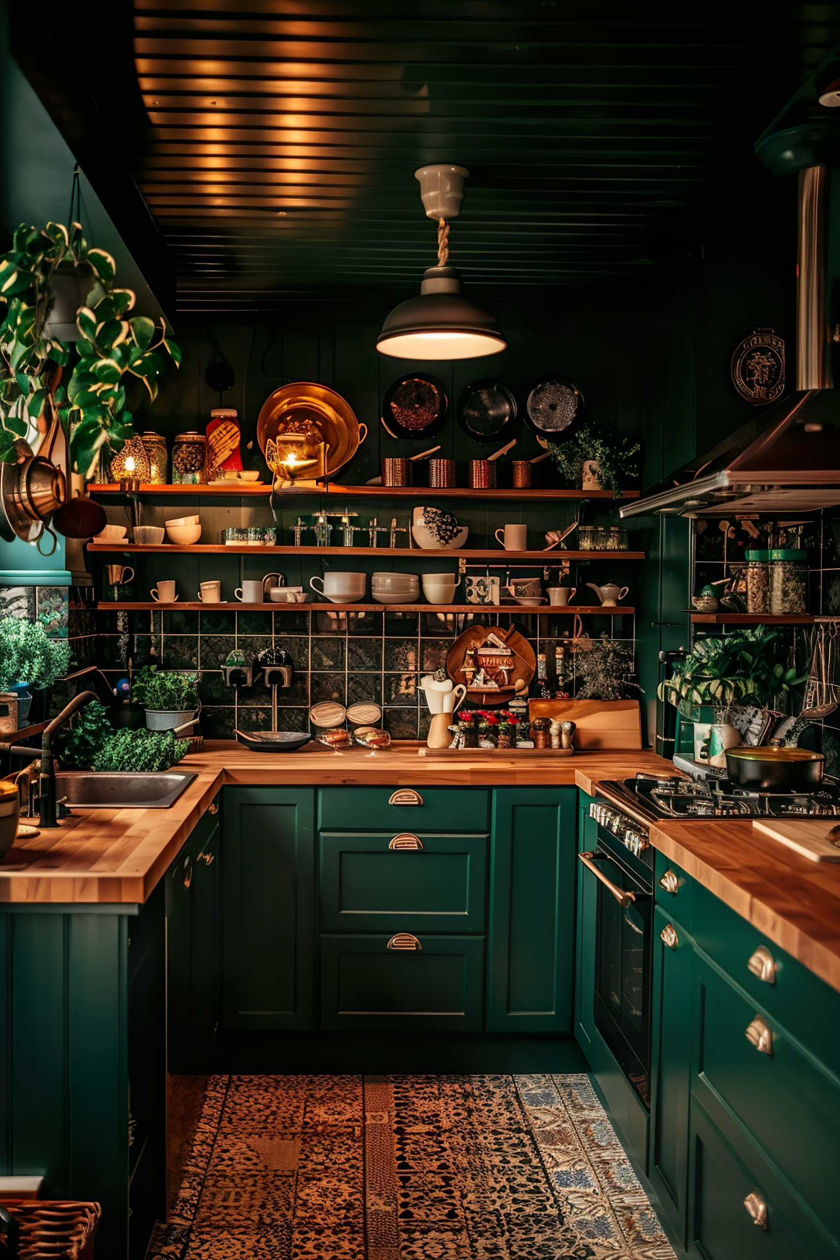 A cozy kitchen with dark green cabinetry, wooden countertops, and plenty of plants and cooking utensils on open shelves.