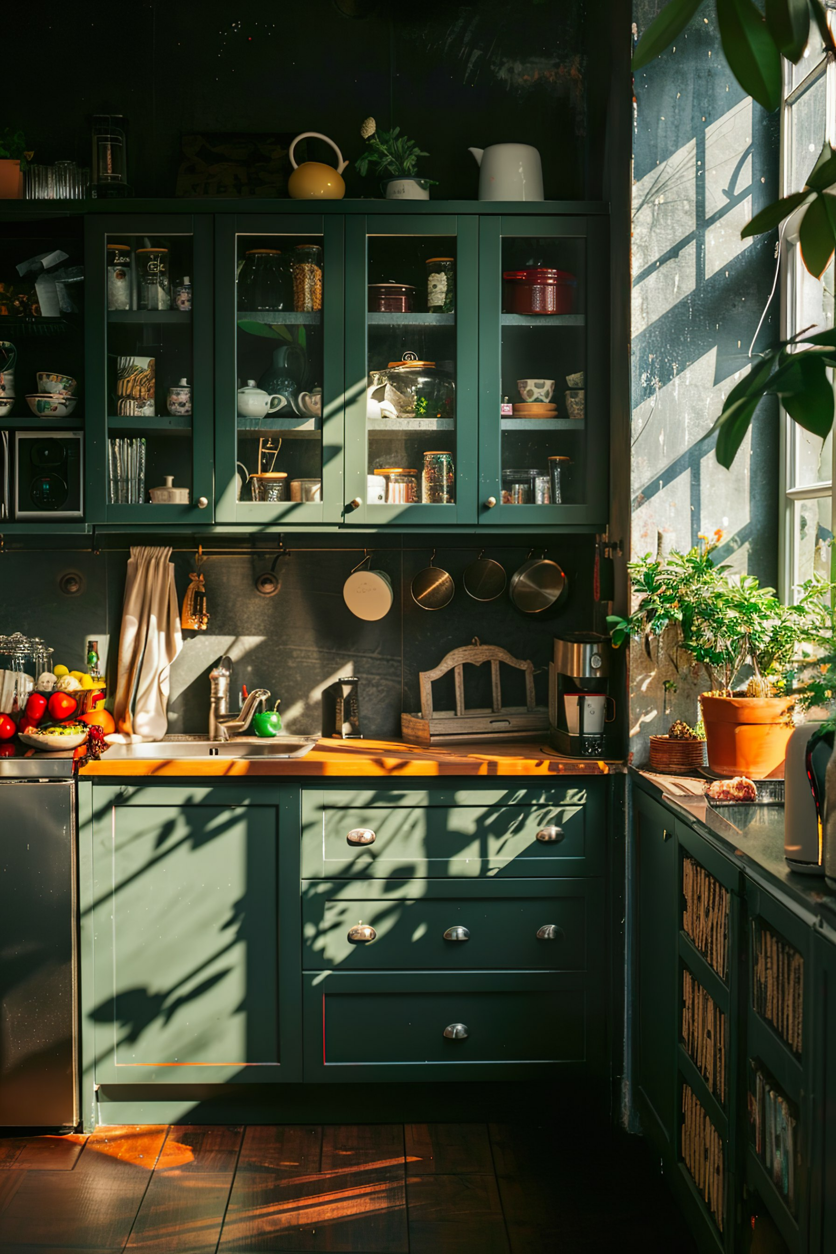 A cozy kitchen interior with natural light casting shadows, featuring green cabinets, wooden countertops, and plants by the window.